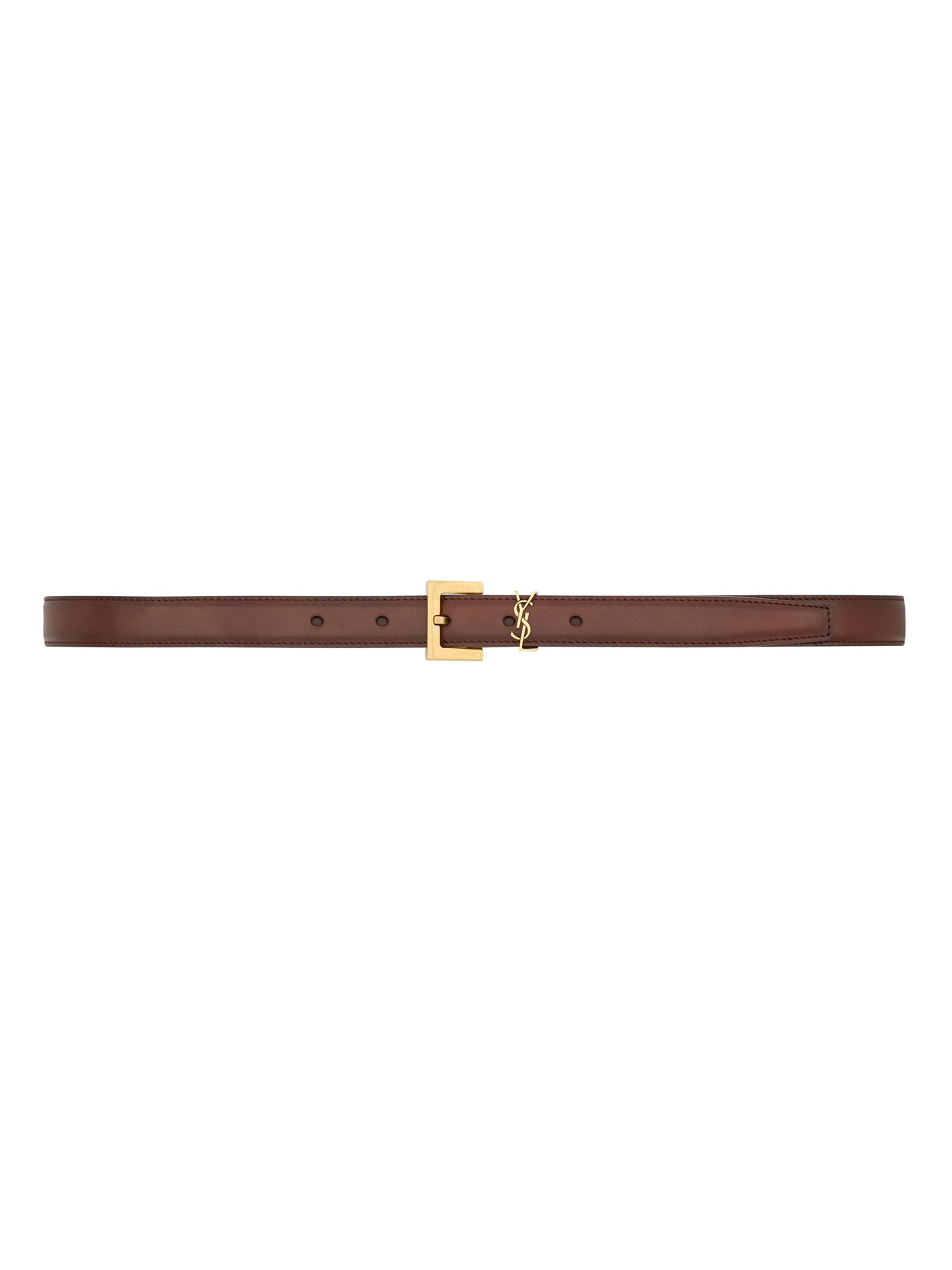Saint Laurent Women's Cassandre Thin Belt in Aged Leather - Dark Wet Clay