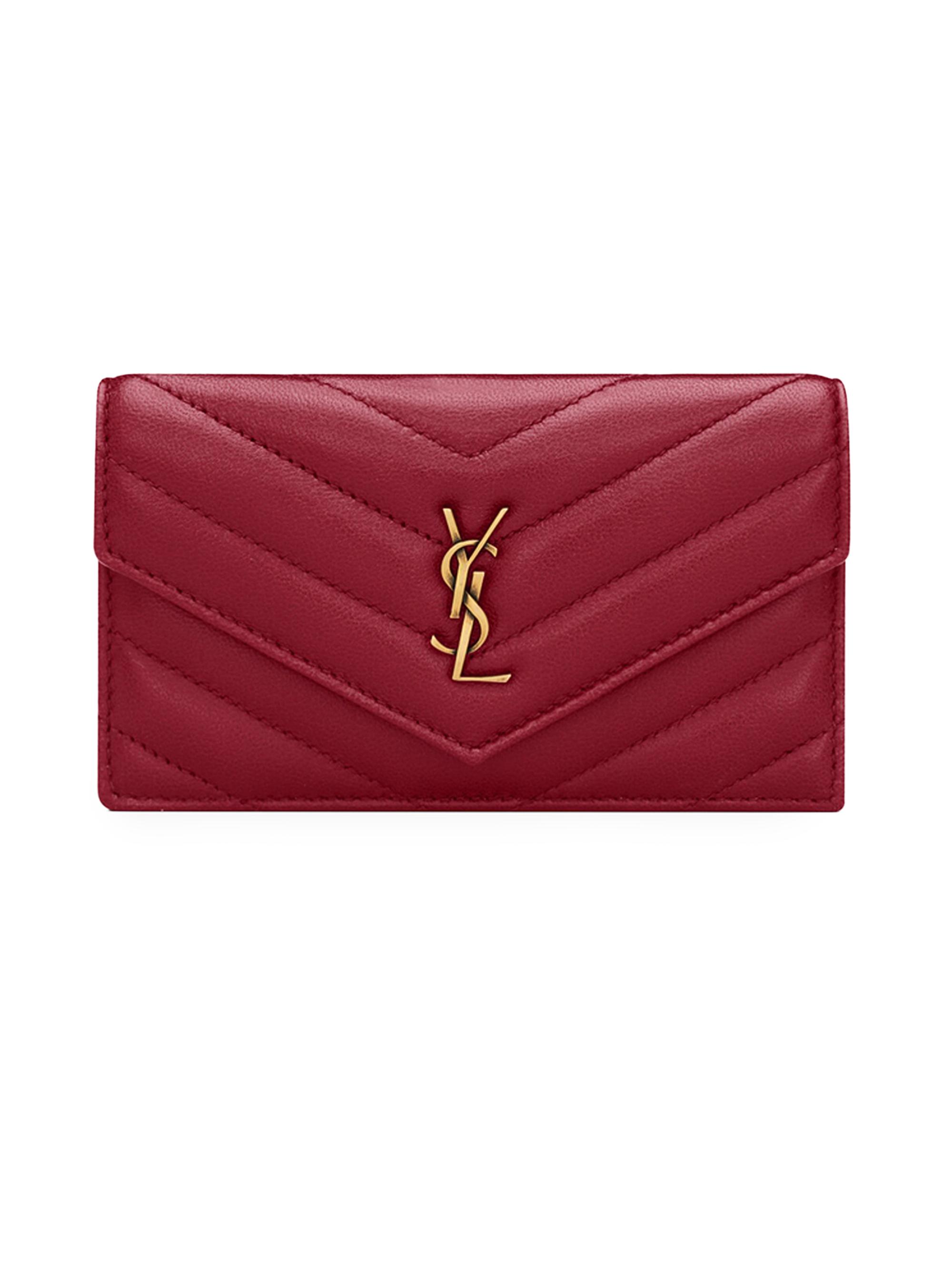 Saint Laurent Women's Cassandre Fragments Flap Card Case in Lambskin Leather - Deeply Red