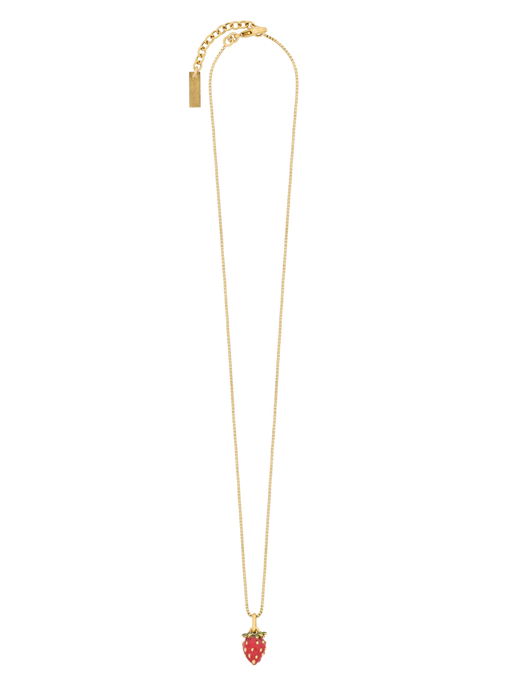 Saint Laurent Women's Strawberry Necklace in Enamel and Metal - Green Red And Gold
