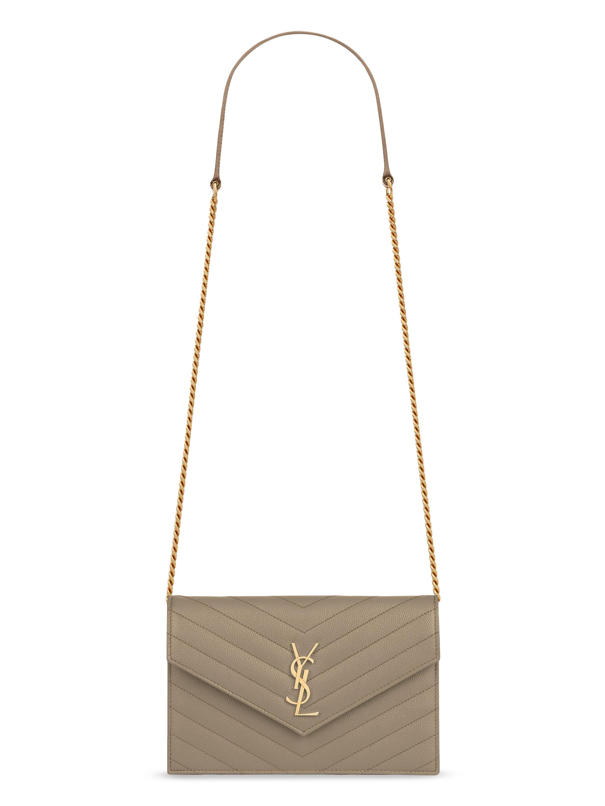 Saint Laurent Women's Cassandre Envelope Chain Wallet in Grain De Poudre Leather - Light Taupe