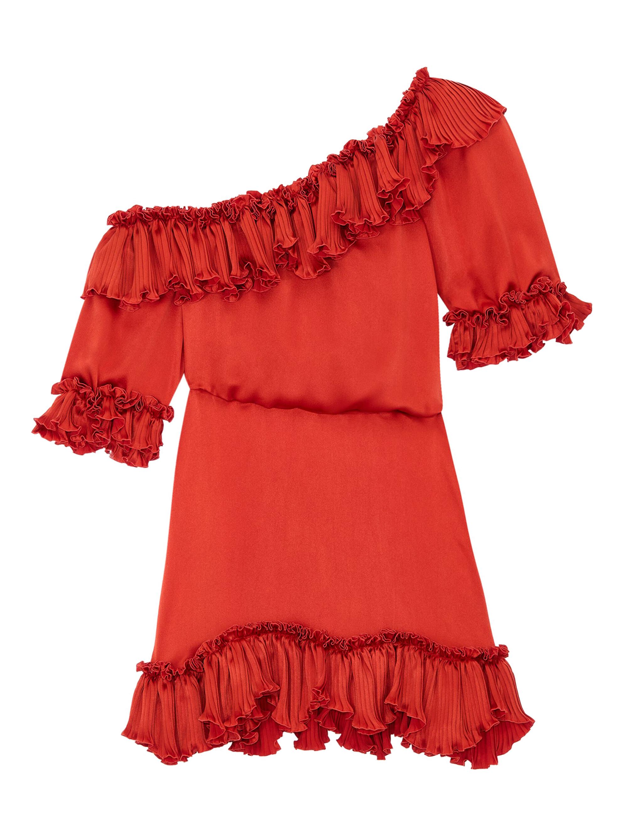 Saint Laurent Women's Ruffled Dress in Silk Satin - Orange Sanguine