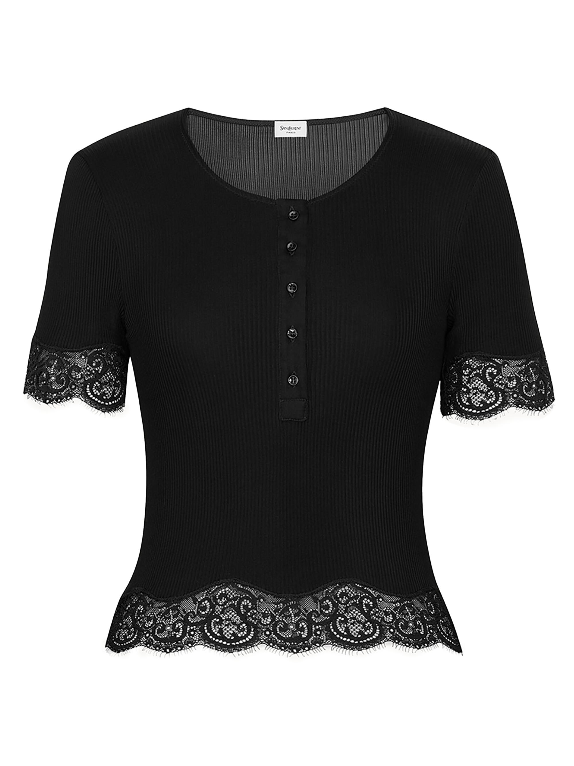 Saint Laurent Women's Laced T-Shirt in Ribbed Silk Jersey - Noir
