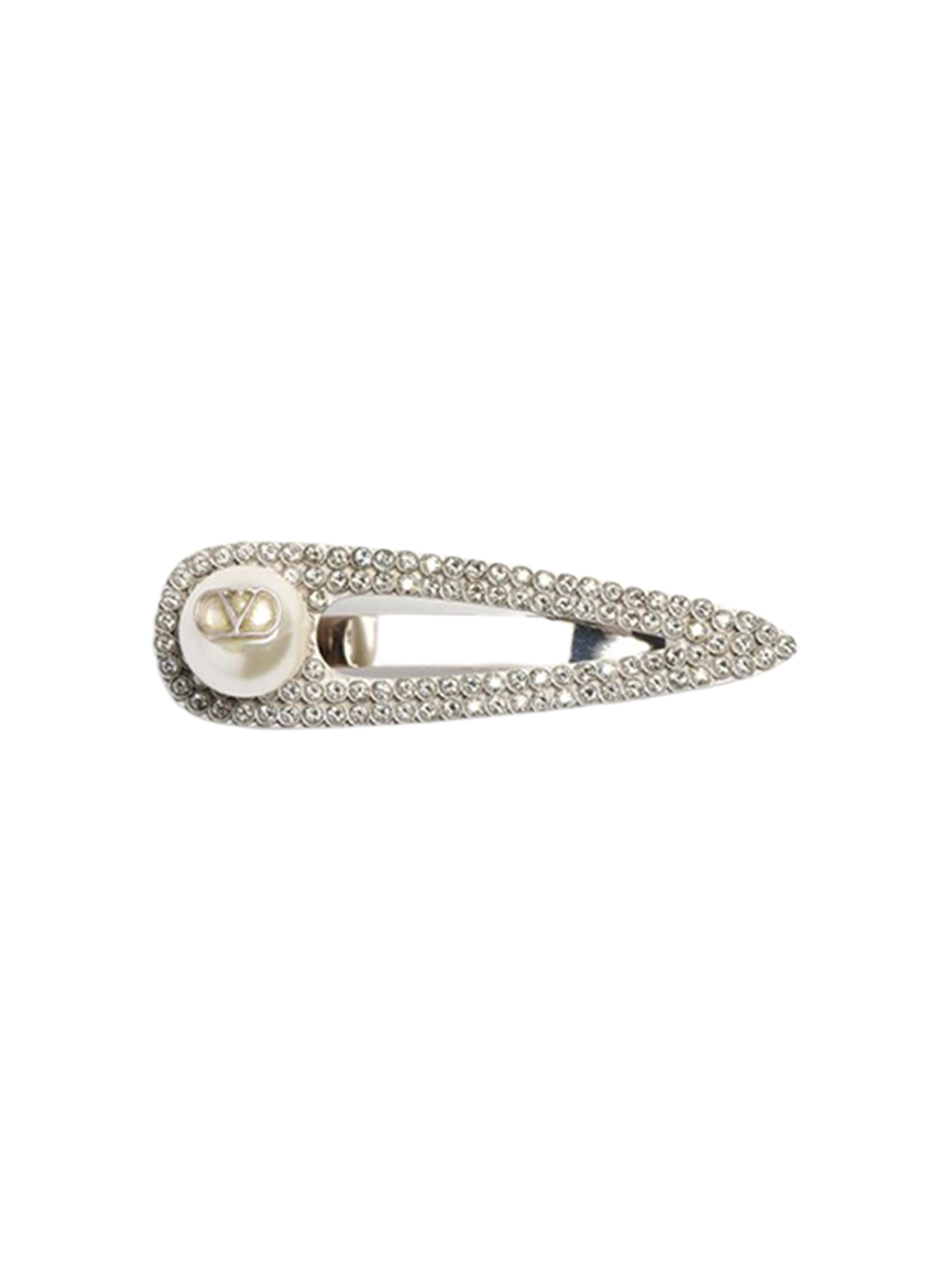 Valentino Garavani Men's VLogo Signature Metal Tie Clip with Swarovski Crystals and Pearl - Palladium Cream