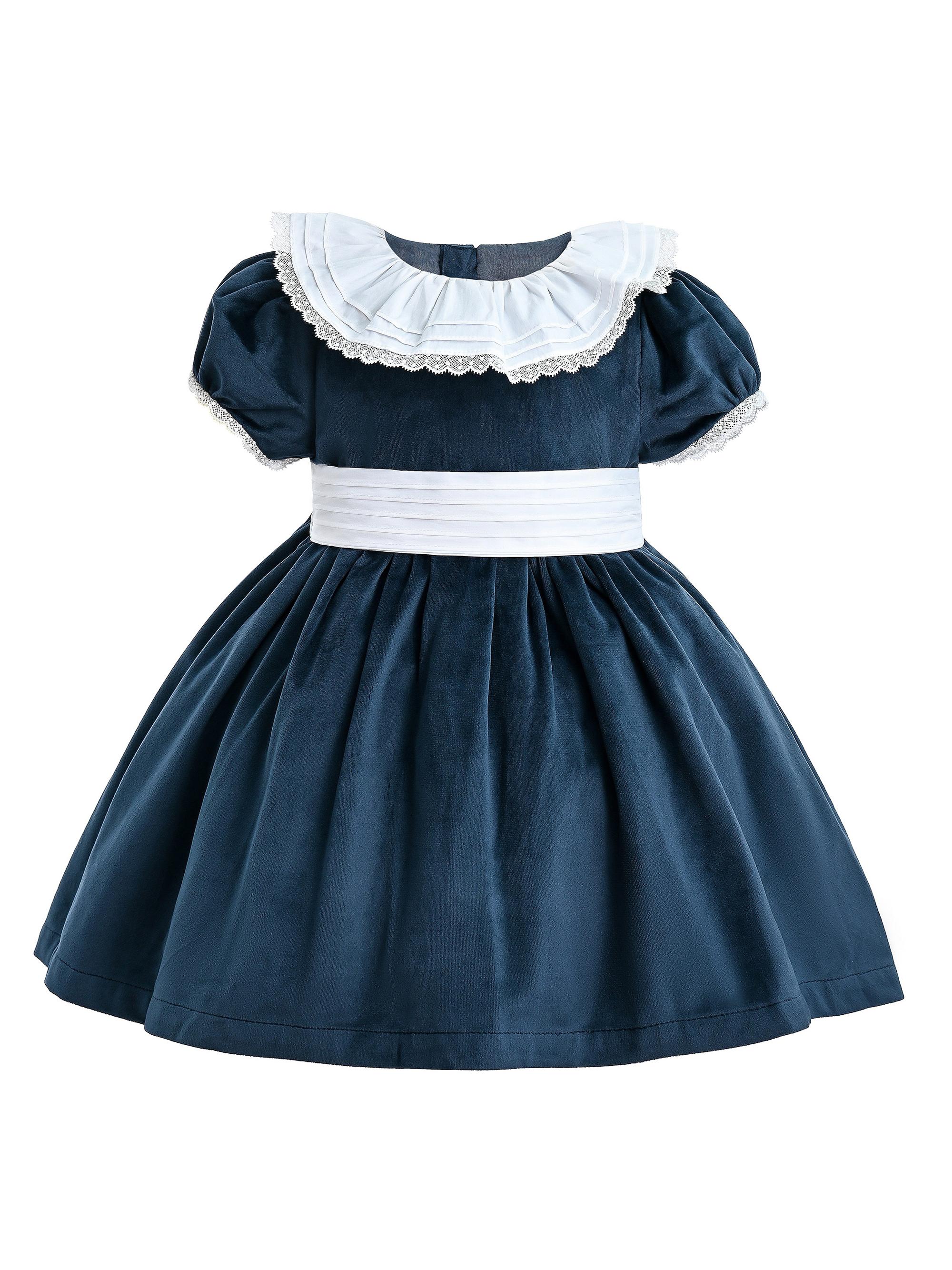 Tulleen Little Girl's Velvet Charm Dress - Navy 36 Months