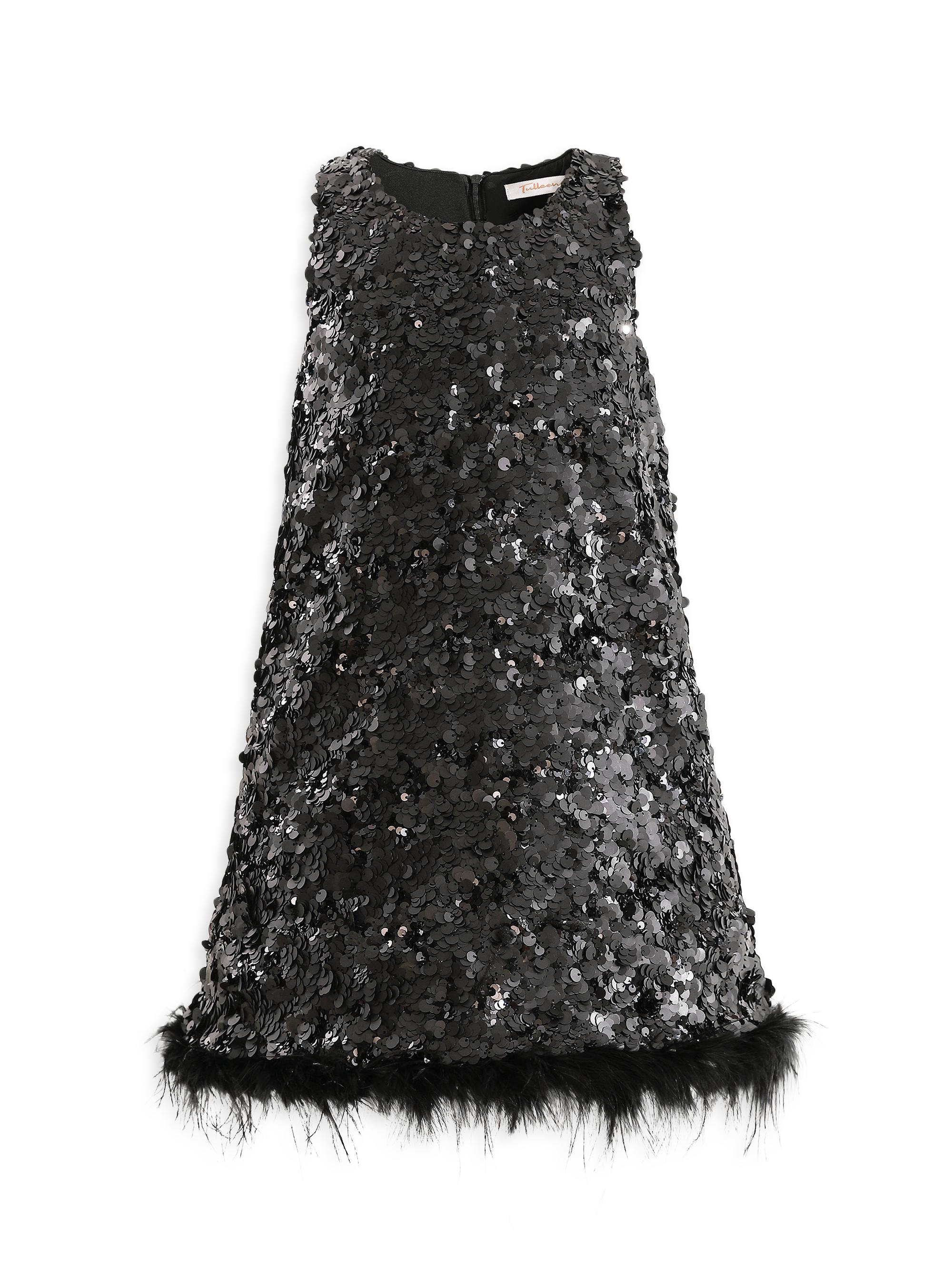 Tulleen Little Girl's & Girl's Sequin Dress with Feather Hem - Black