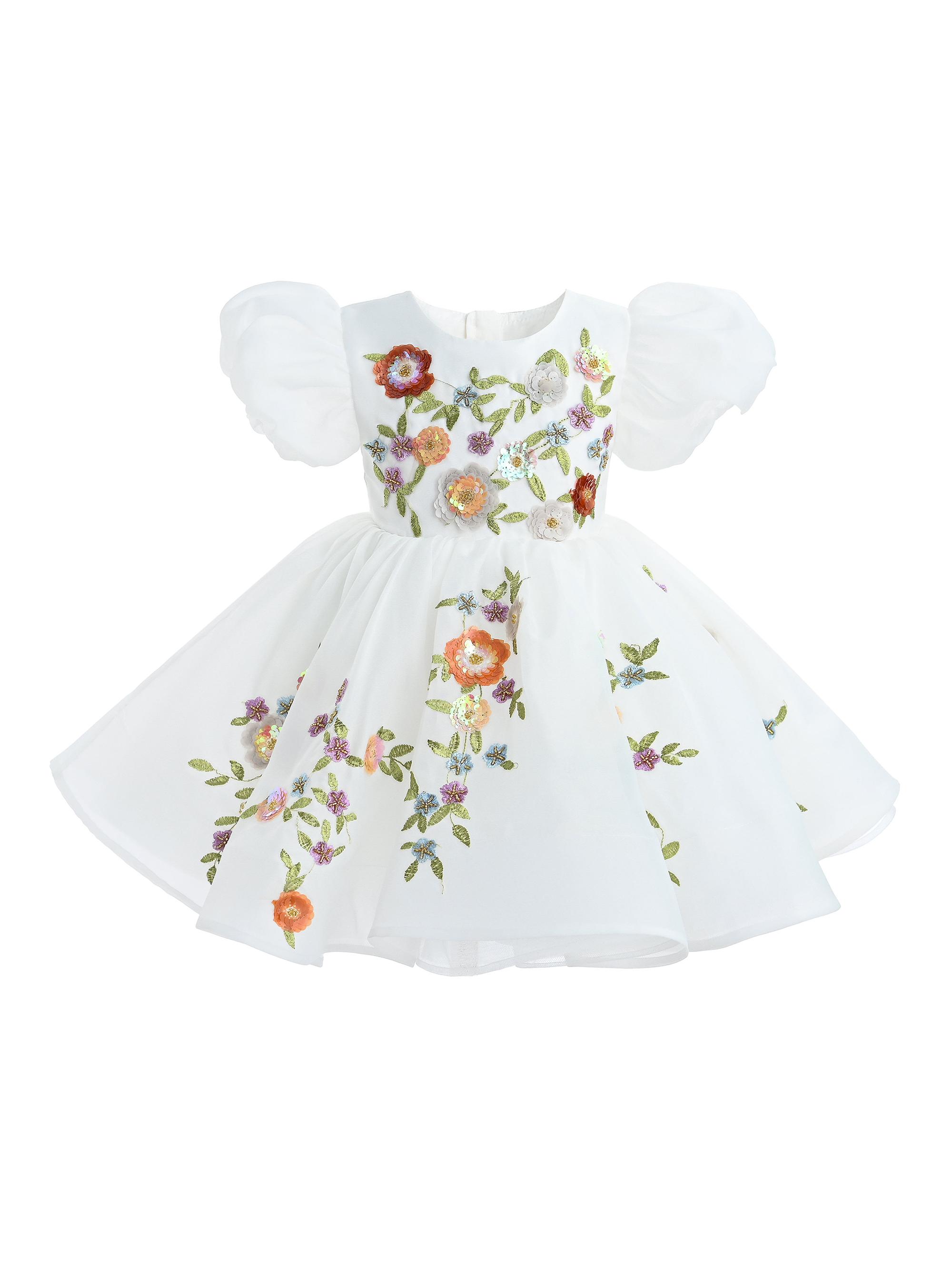 Tulleen Girl's Embroidered Floral Sparkle Dress - White