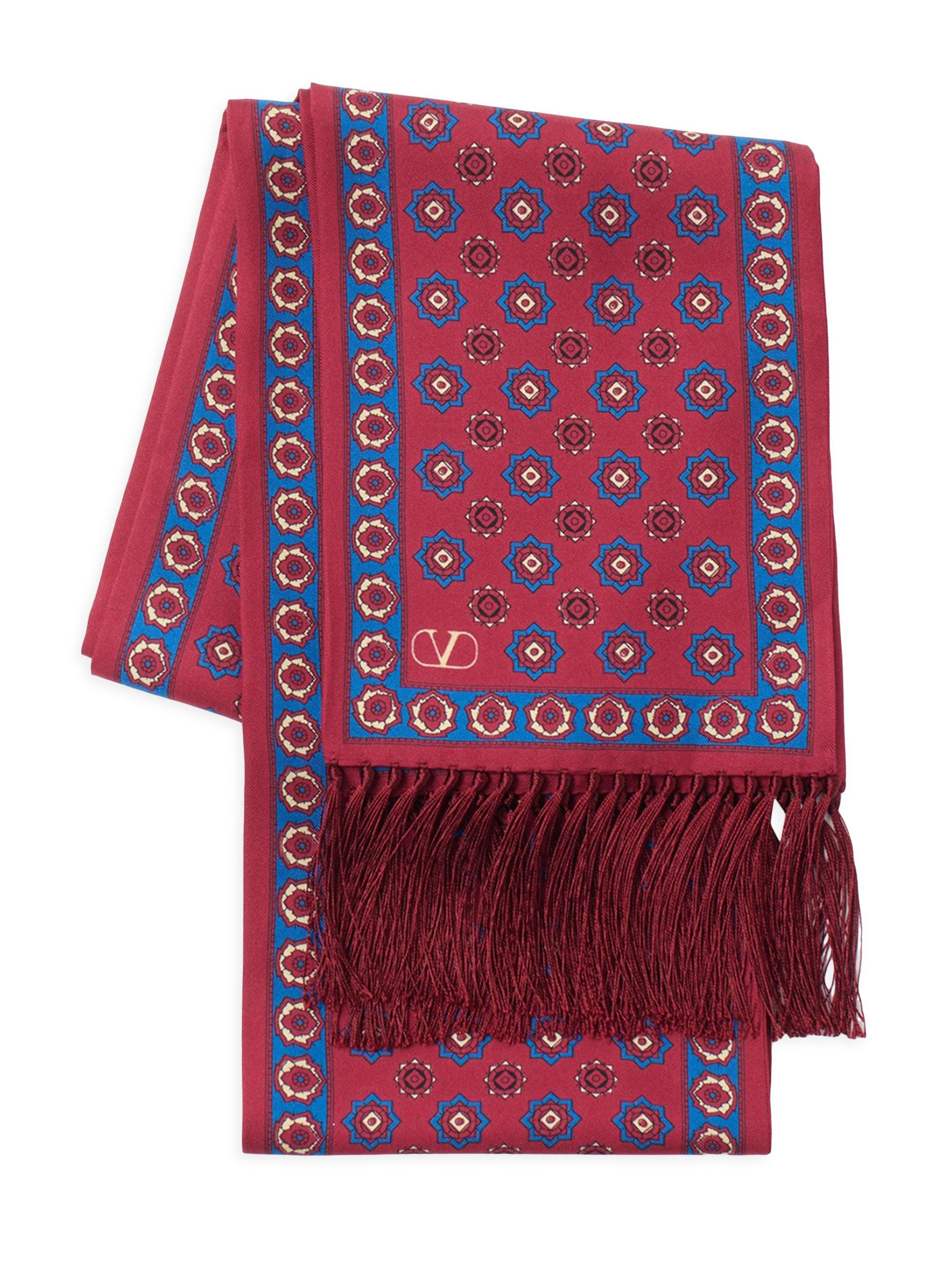 Valentino Garavani Men's Chamber Silk Bandeau Scarf with Fringe - Red Cobalt