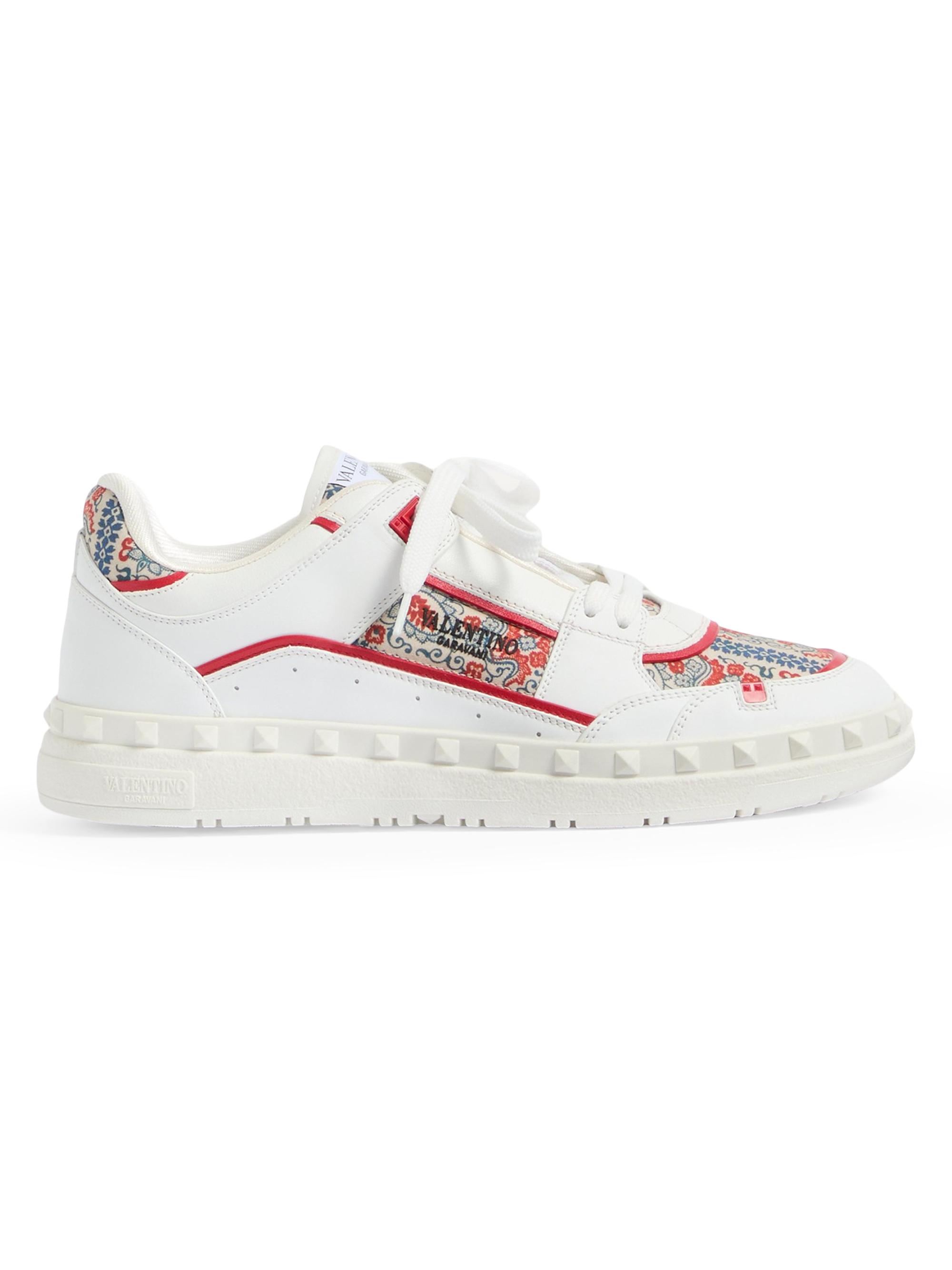 Valentino Garavani Men's Freedots Low-Top Sneakers in Calfskin and Voyage Imaginaire Fabric - White Coral
