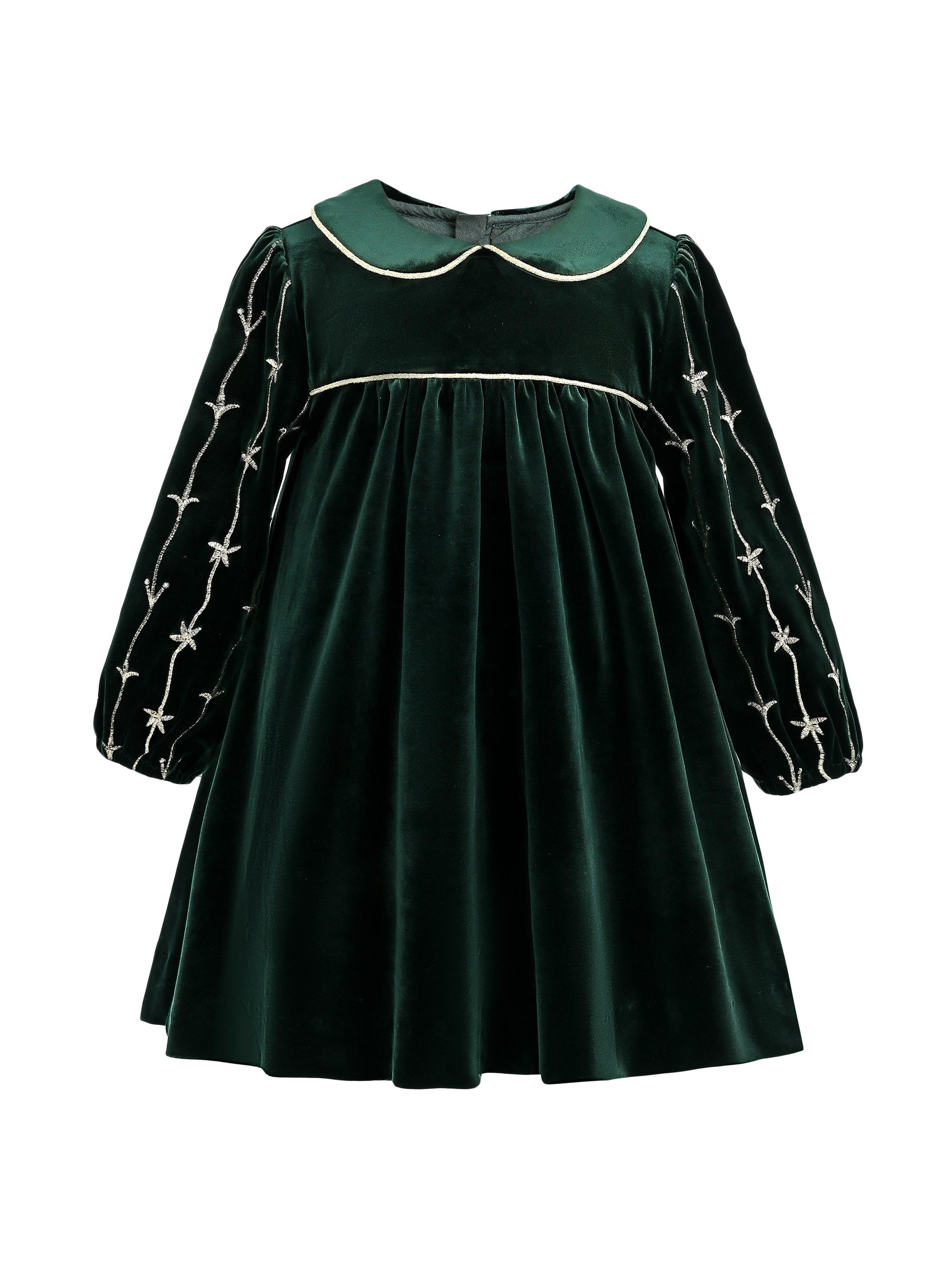 Tulleen Little Girl's Star Vine Velvet Dress - Dark Green 36 Months