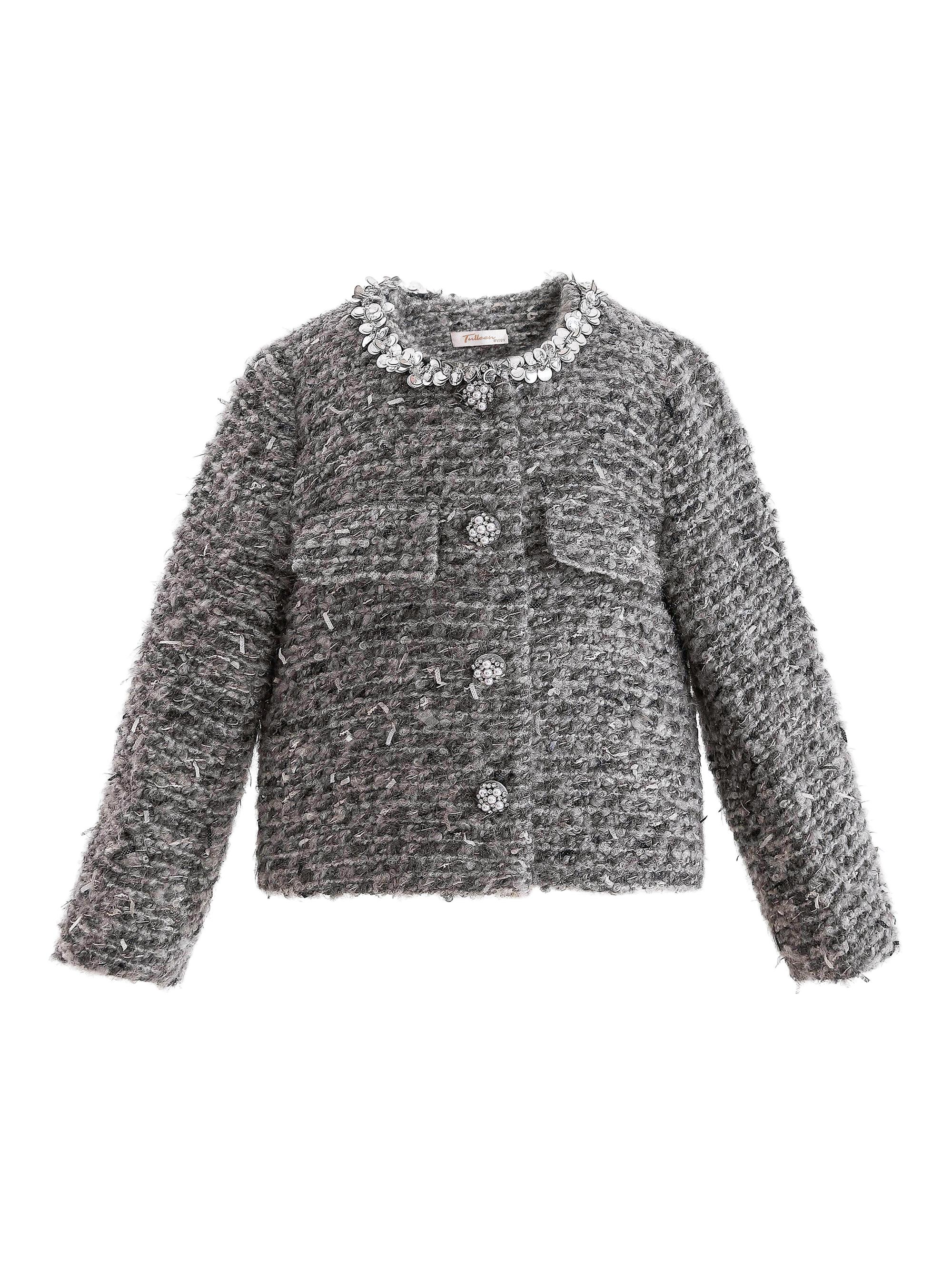 Tulleen Little Girl's & Girl's Bouclé Jewel-Collar Jacket - Grey