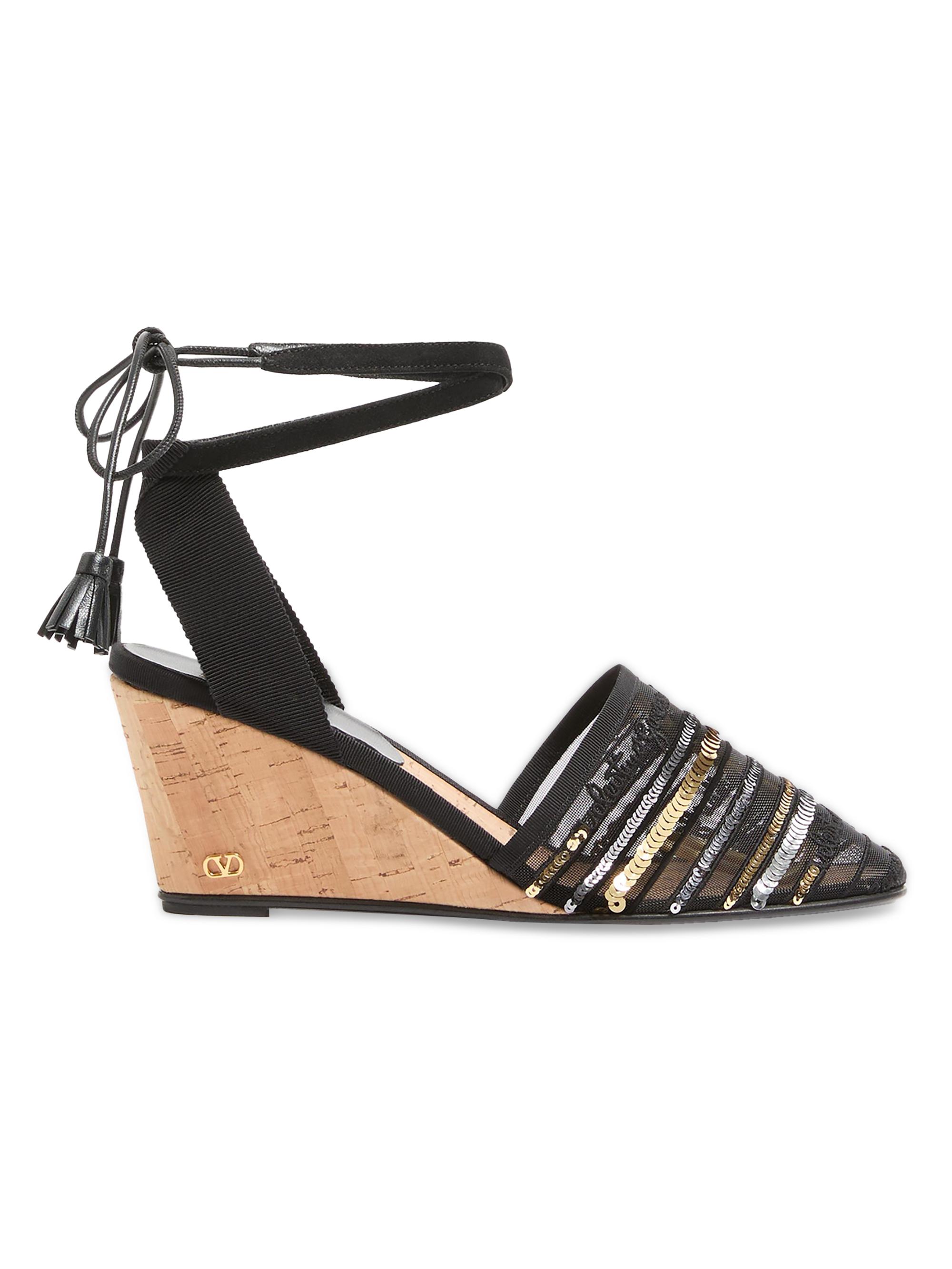 Valentino Garavani Women's La Cruisette 75MM Mesh Wedges with Embroidery - Black