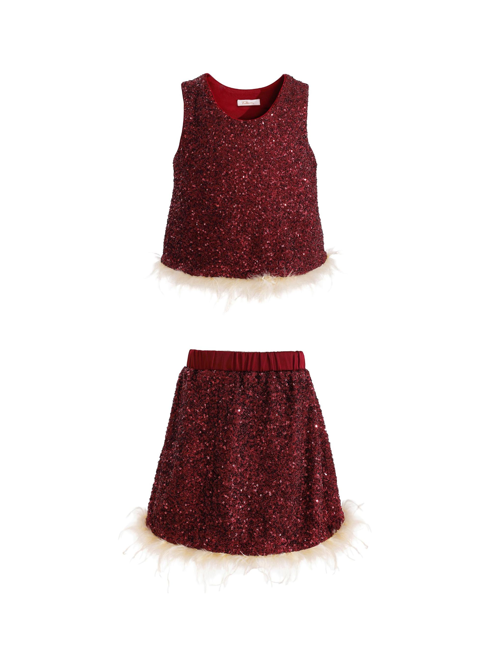 Tulleen Little Girl's & Girl's Sequin Feather-Trim Outfit Set - Red