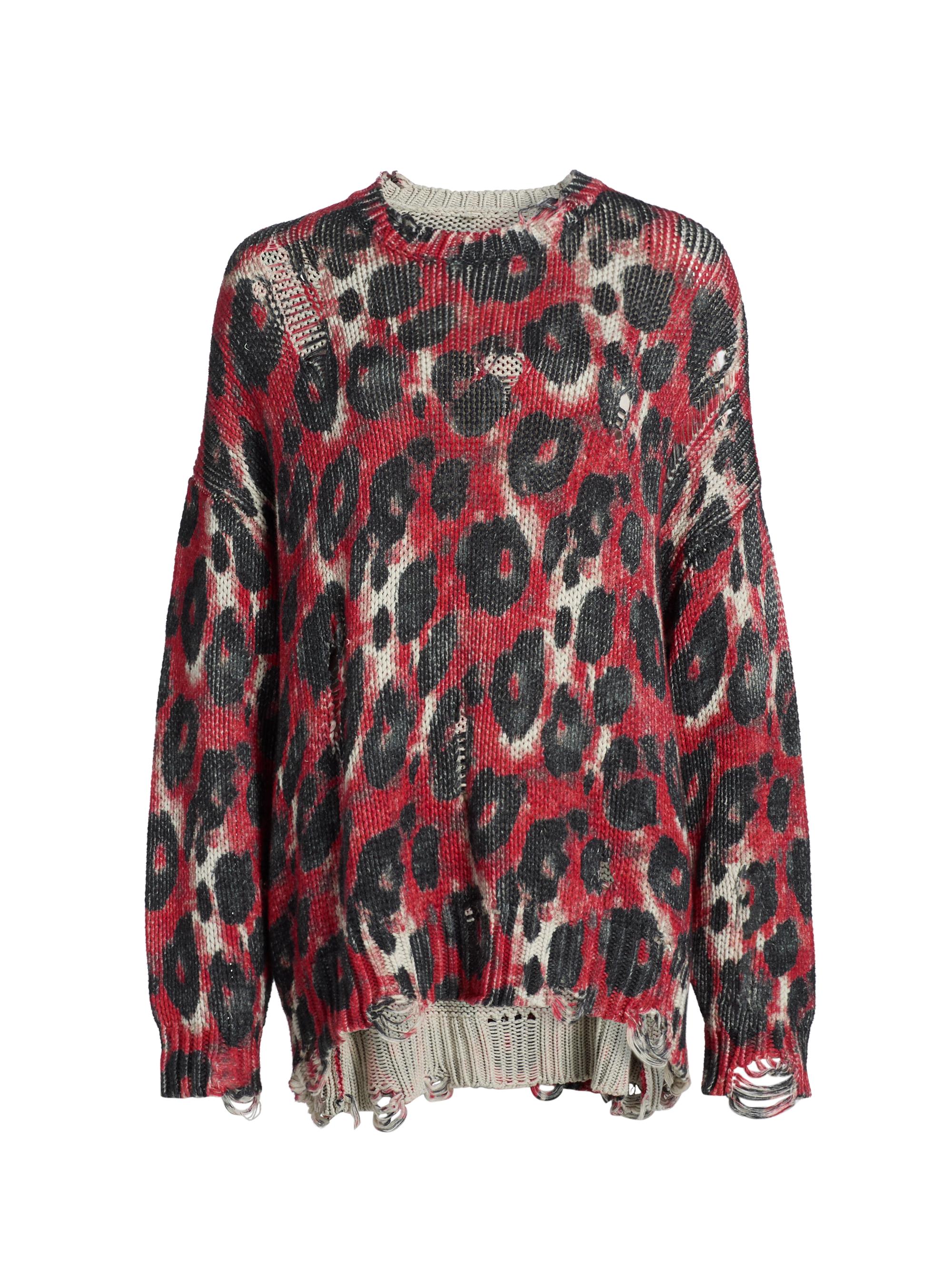 R13 Women's Leopard-Print Distressed Cotton Sweater - Red Black Leopard