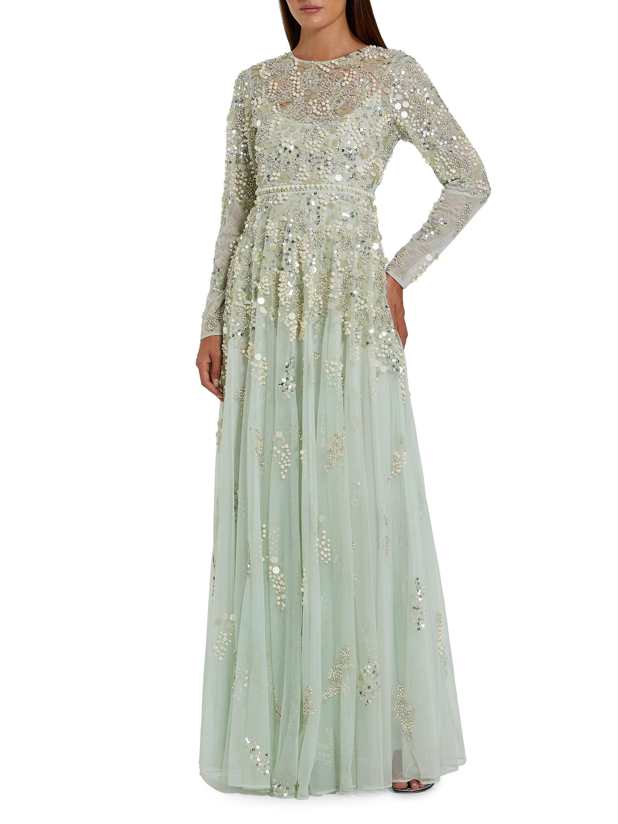 Mac Duggal Women's Pearl-Embellished Mesh A-Line Gown - Sage