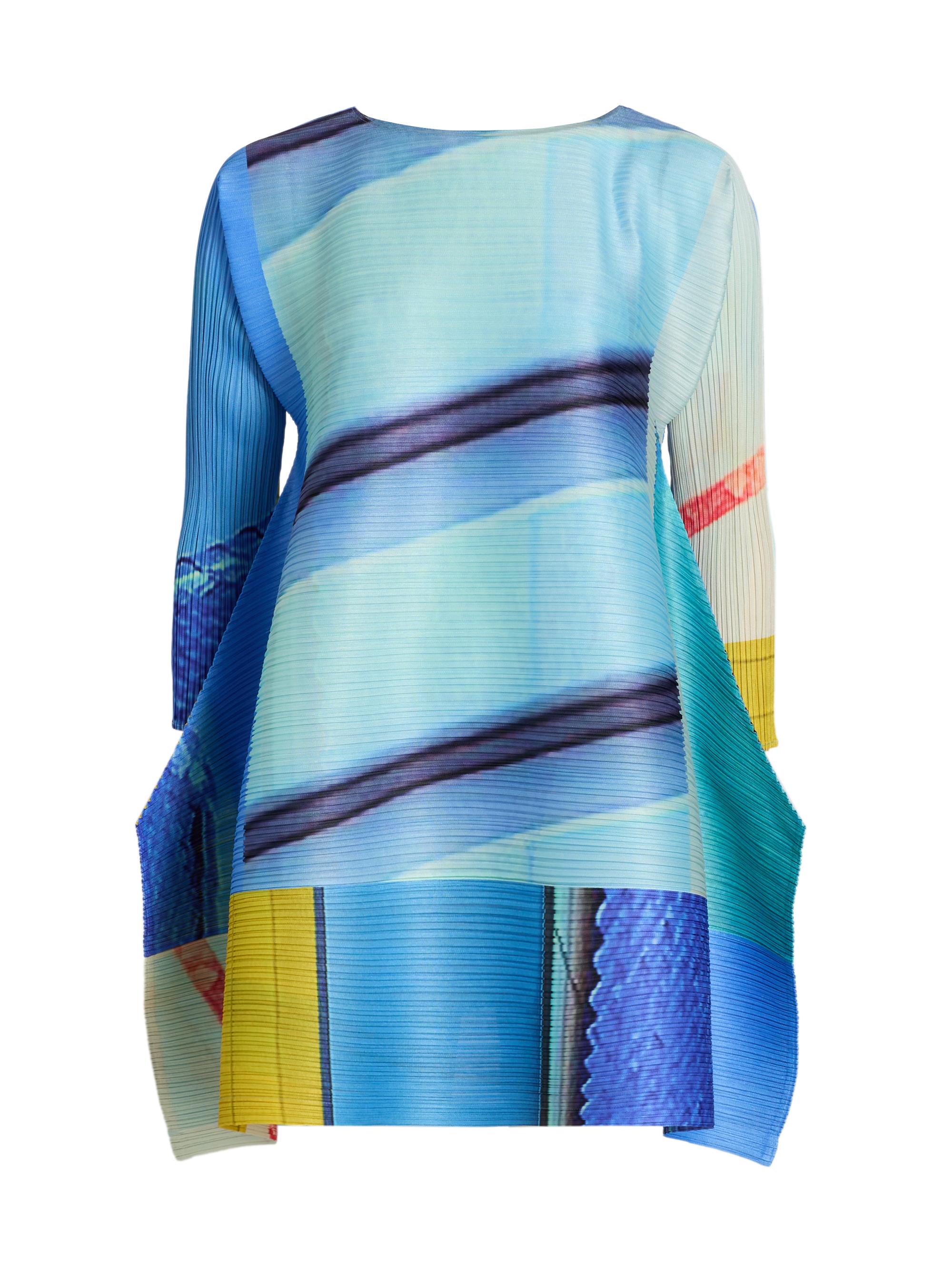 Pleats Please Issey Miyake Women's City Collage Top - Blue Yellow - Women's Clothing