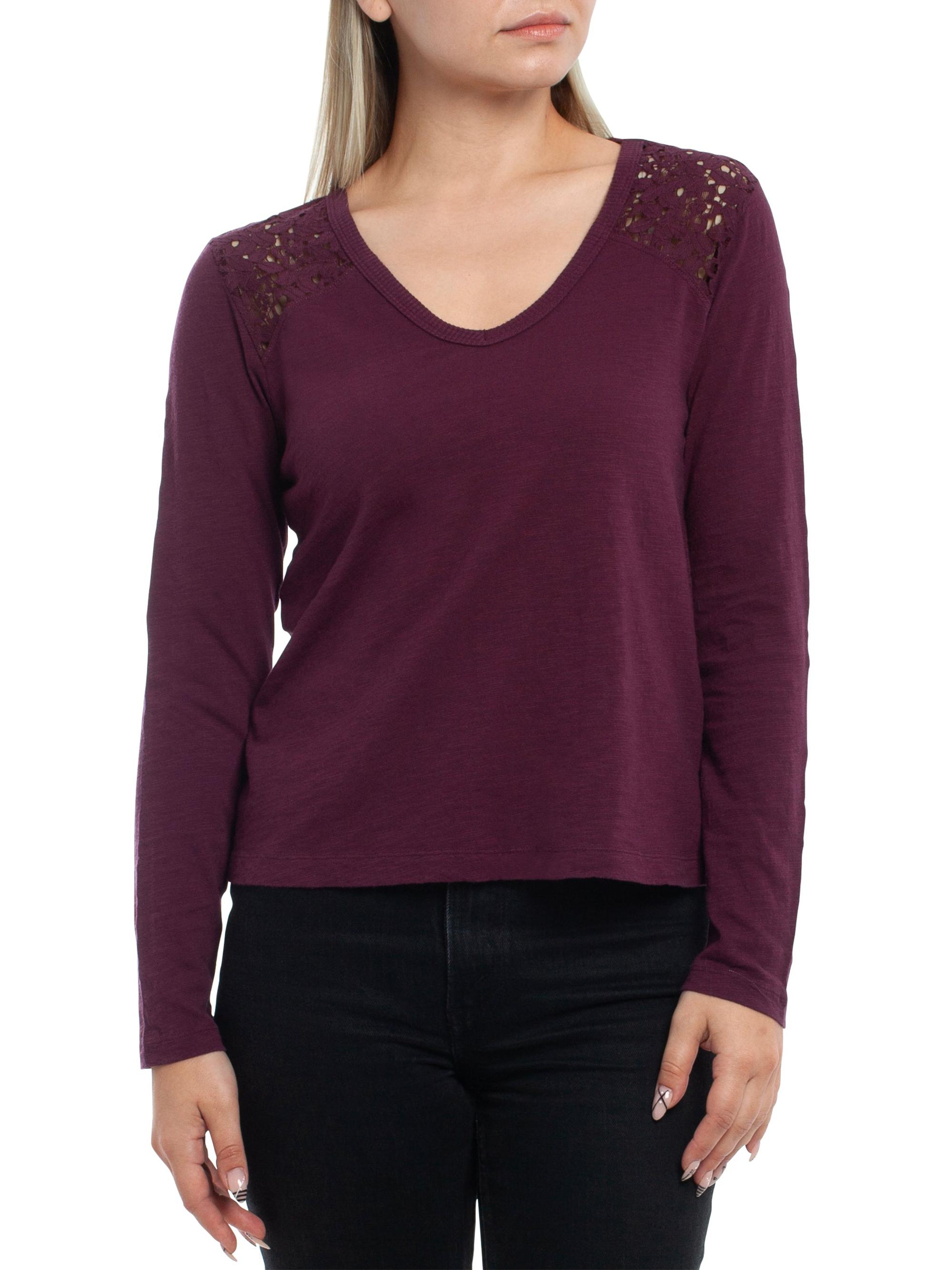 Wilt Women's V-Neck Long Sleeve Mixed Media T-Shirt - Dark Fig