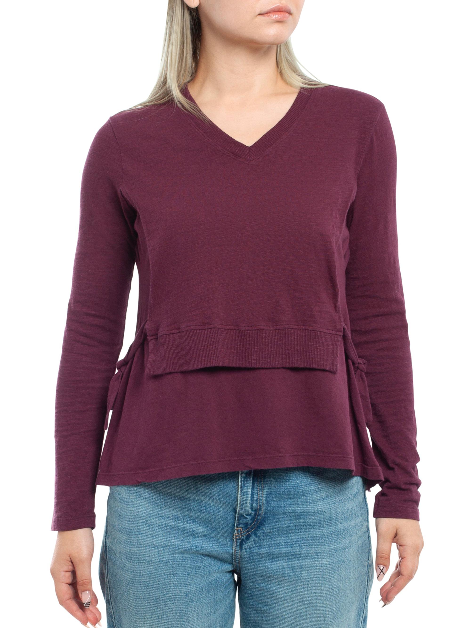 Wilt Women's Mixed Media T-Shirt Double Layer Long Sleeve - Dark Fig