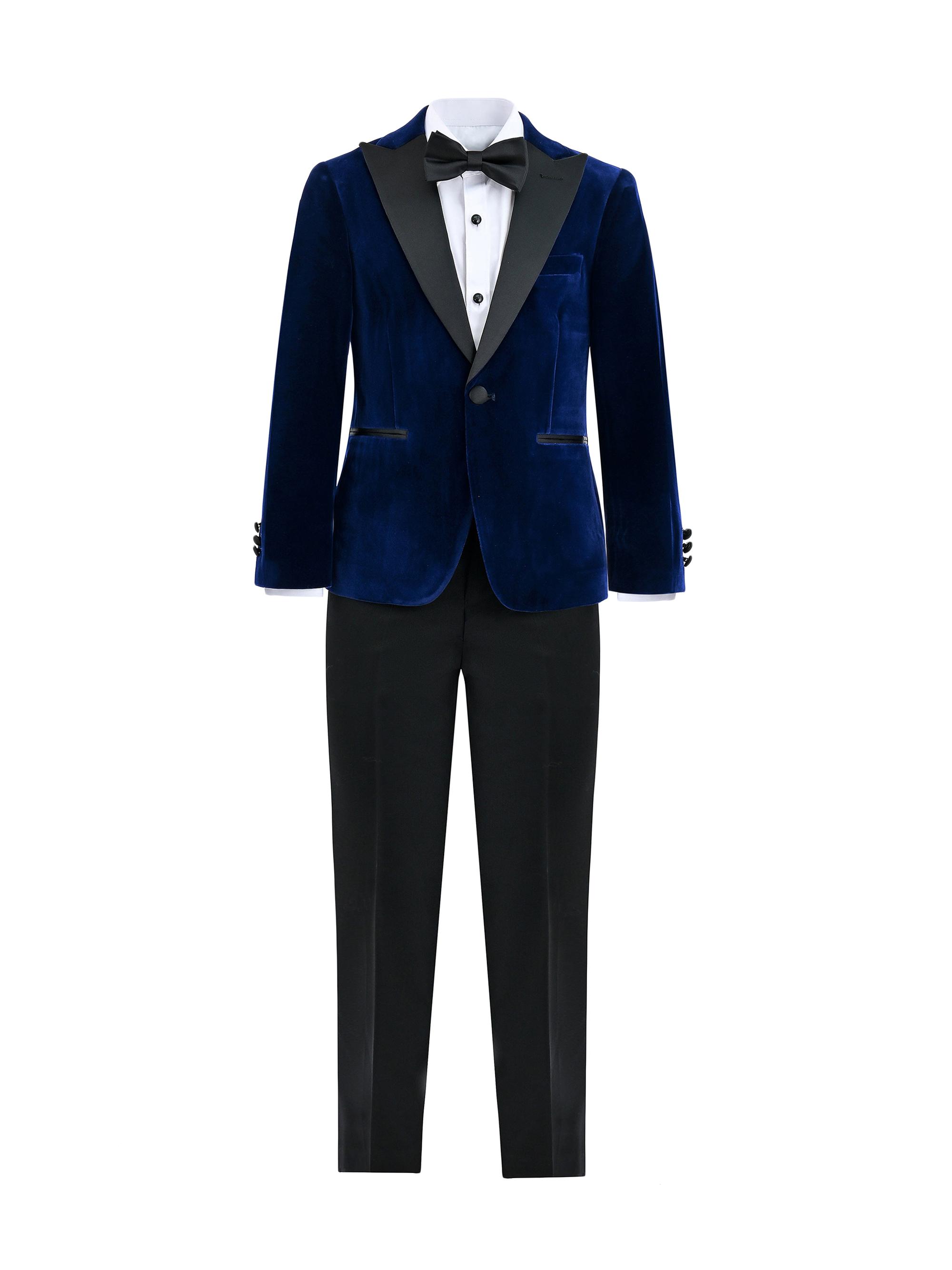 Moustache Little Boy's & Boy's Velvet Suit with Peak Lapel - Blue