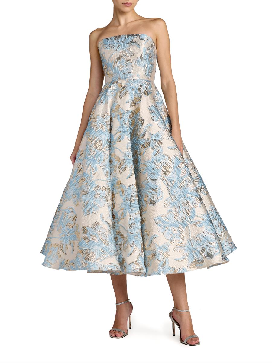 Mac Duggal Women's Strapless Floral Brocade Midi-dress In Blue
