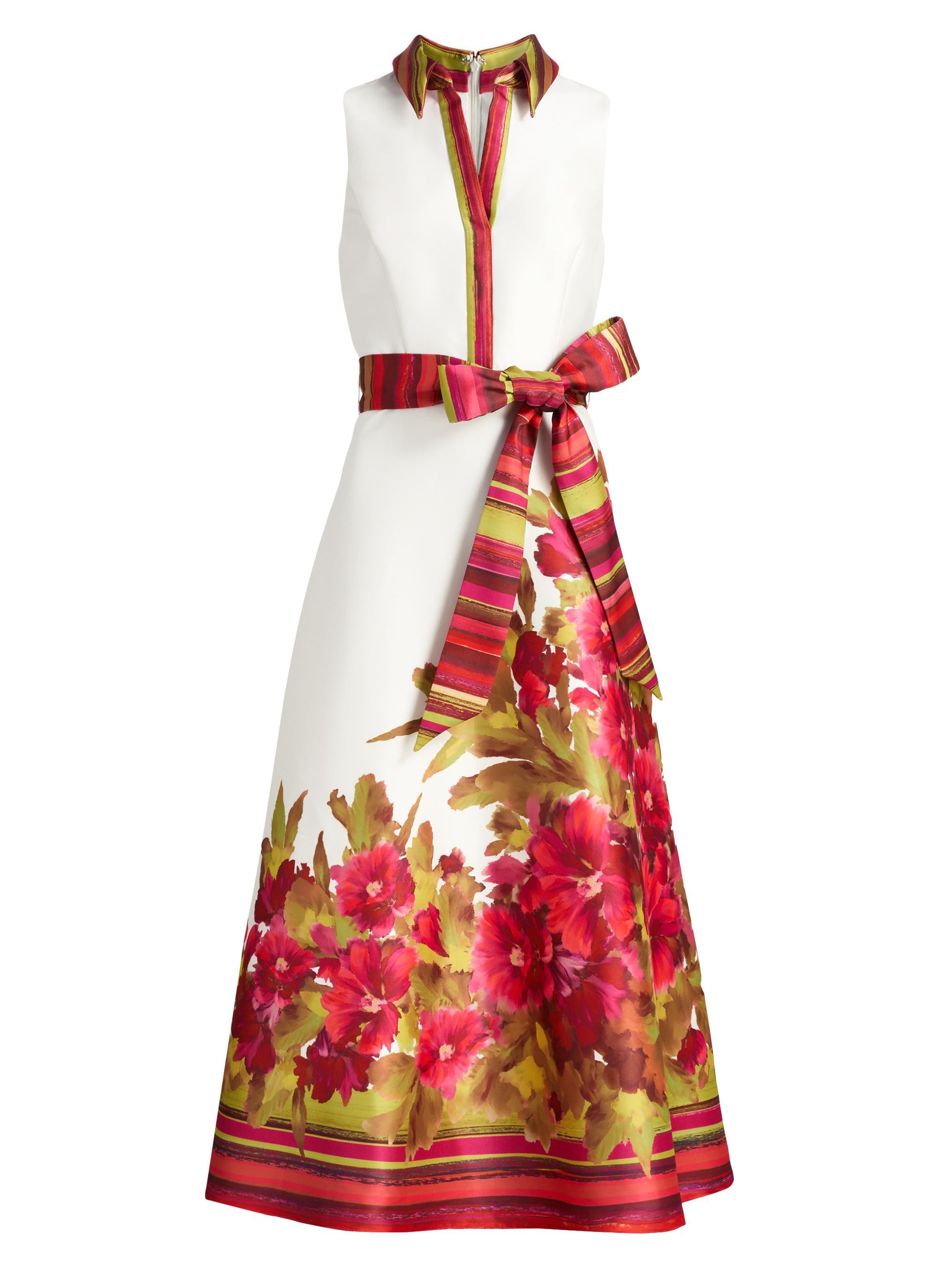 Border Floral Belted Cocktail Dress