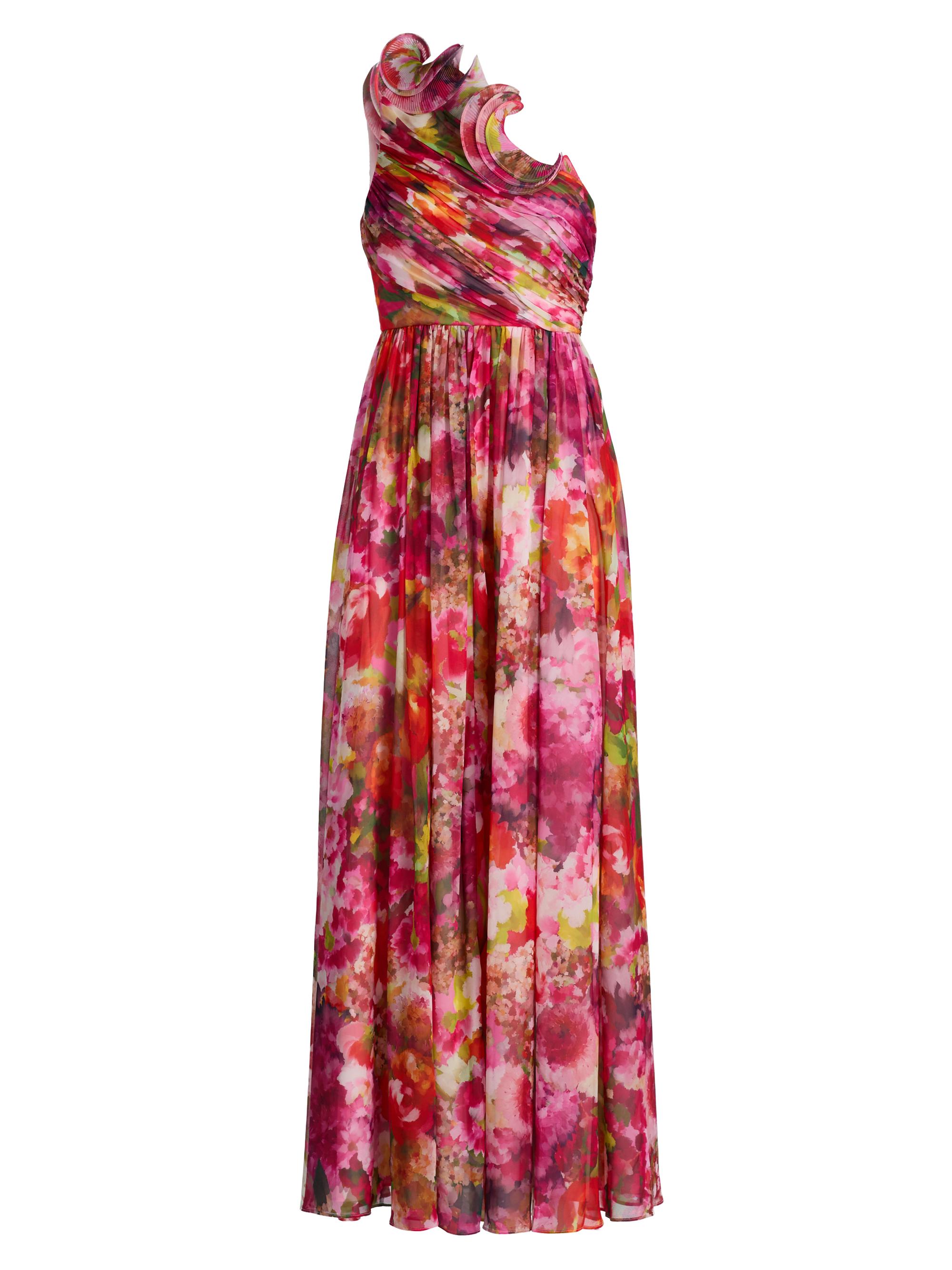 Badgley Mischka Women's Floral Georgette Frill A-Line Gown - Pink Multi