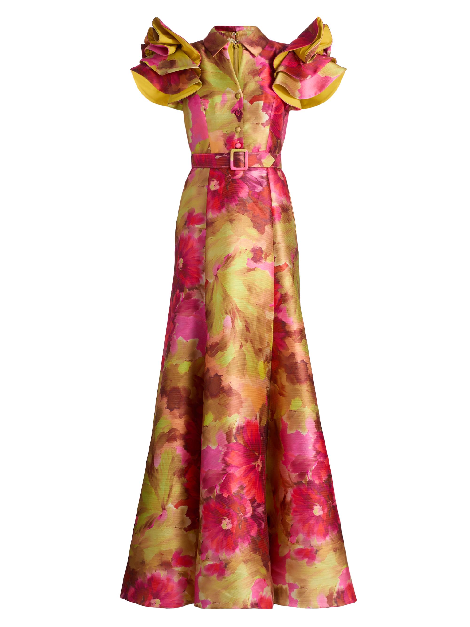 Badgley Mischka Women's Vibrant Floral Flutter-Sleeve Gown - Pink Multi