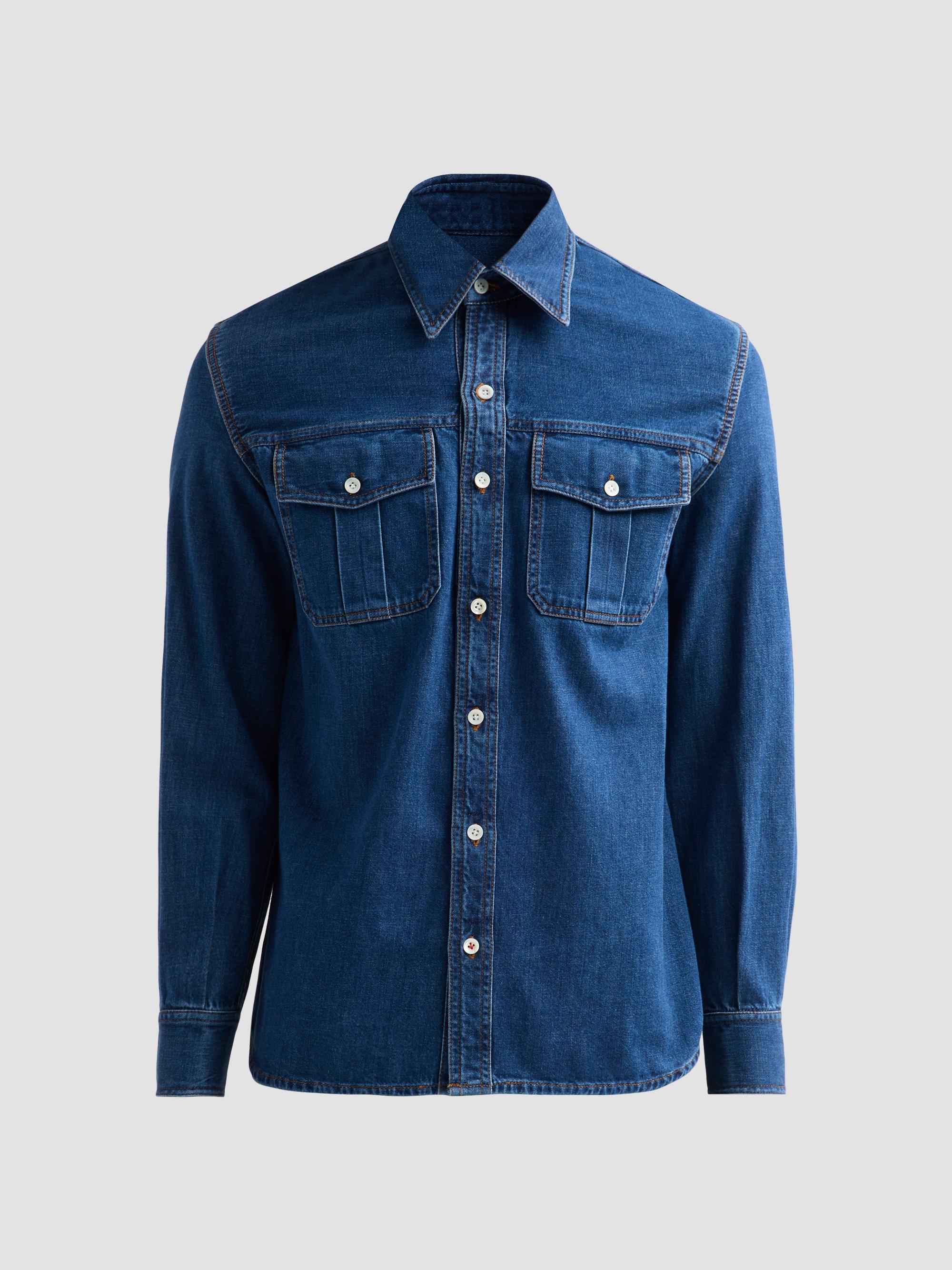Isaia Men's Cotton Denim Pocket Shirt - Medium Blue | Thumbnail 6