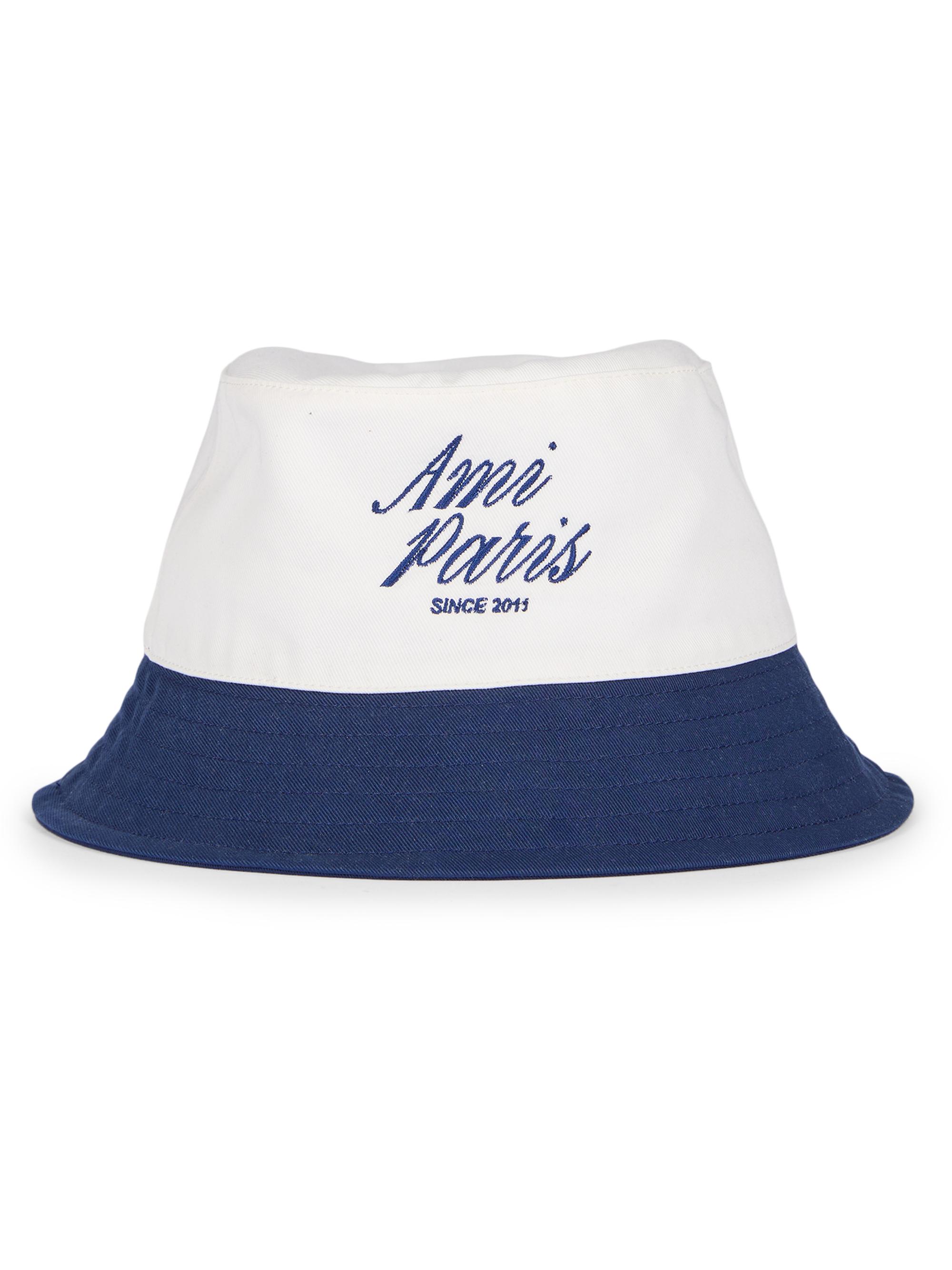 AMI Paris Men's Script Logo Bi-Color Canvas Bucket Hat - Encre Blanc Creme