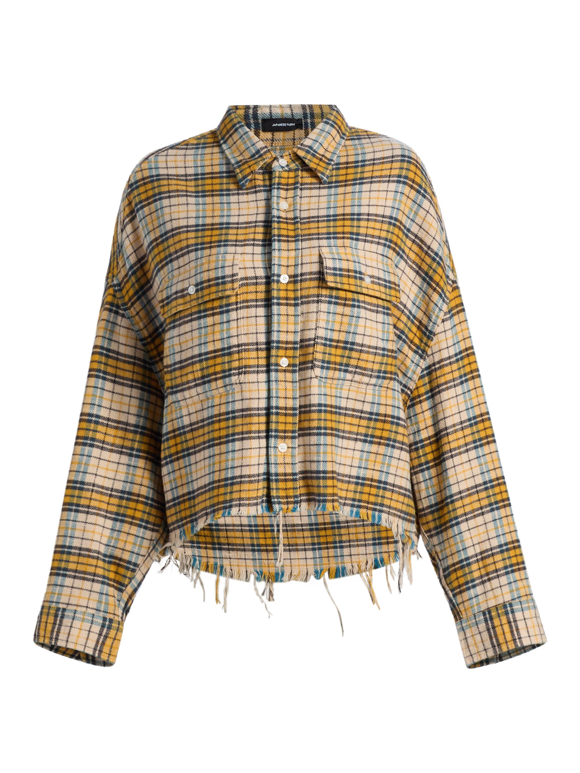 R13 Women's Plaid Cotton Flannel Cropped Work Shirt - Yellow Plaid