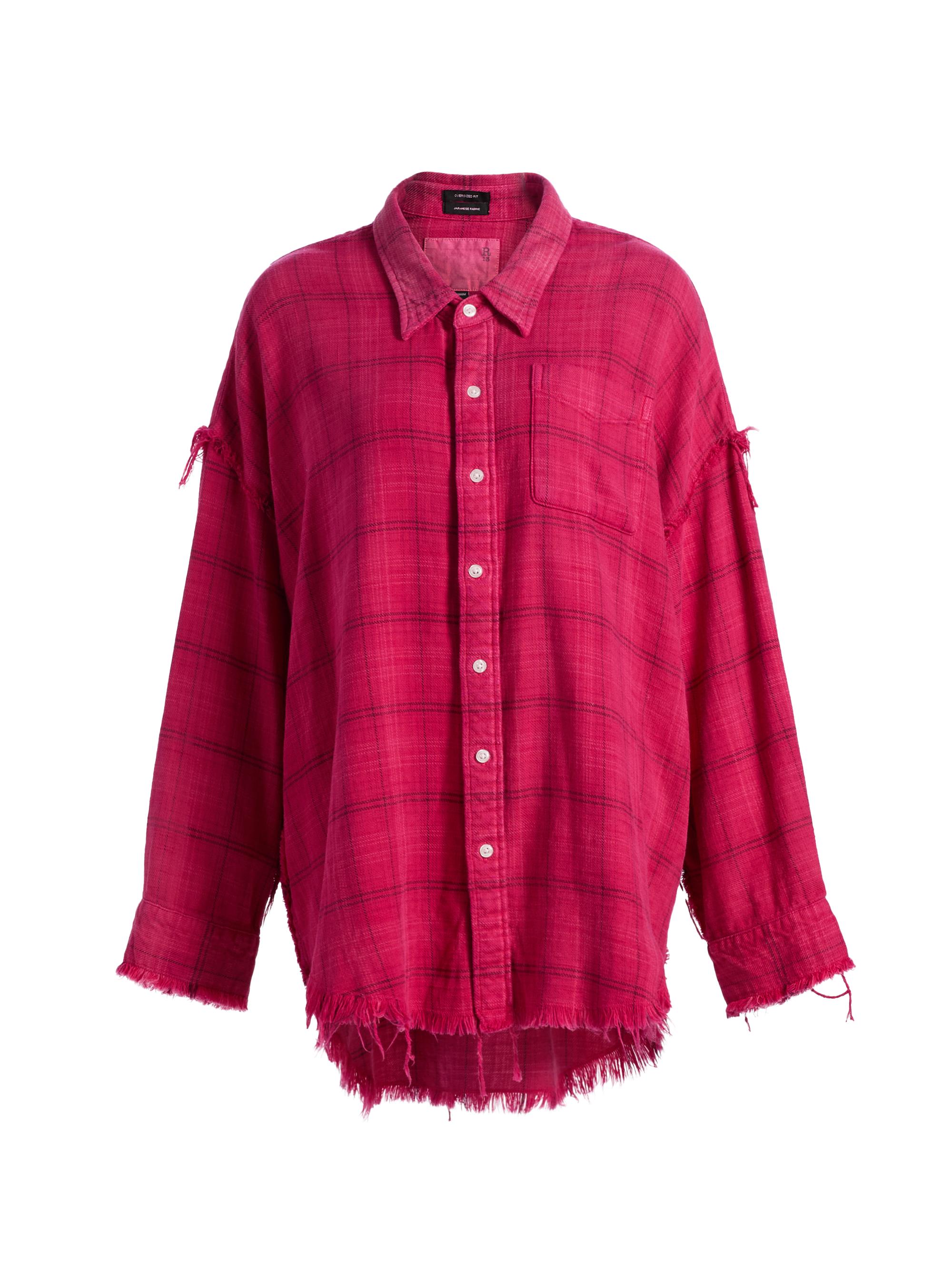 R13 Women's Shredded Seam Plaid Cotton Shirt - Deep Pink Plaid