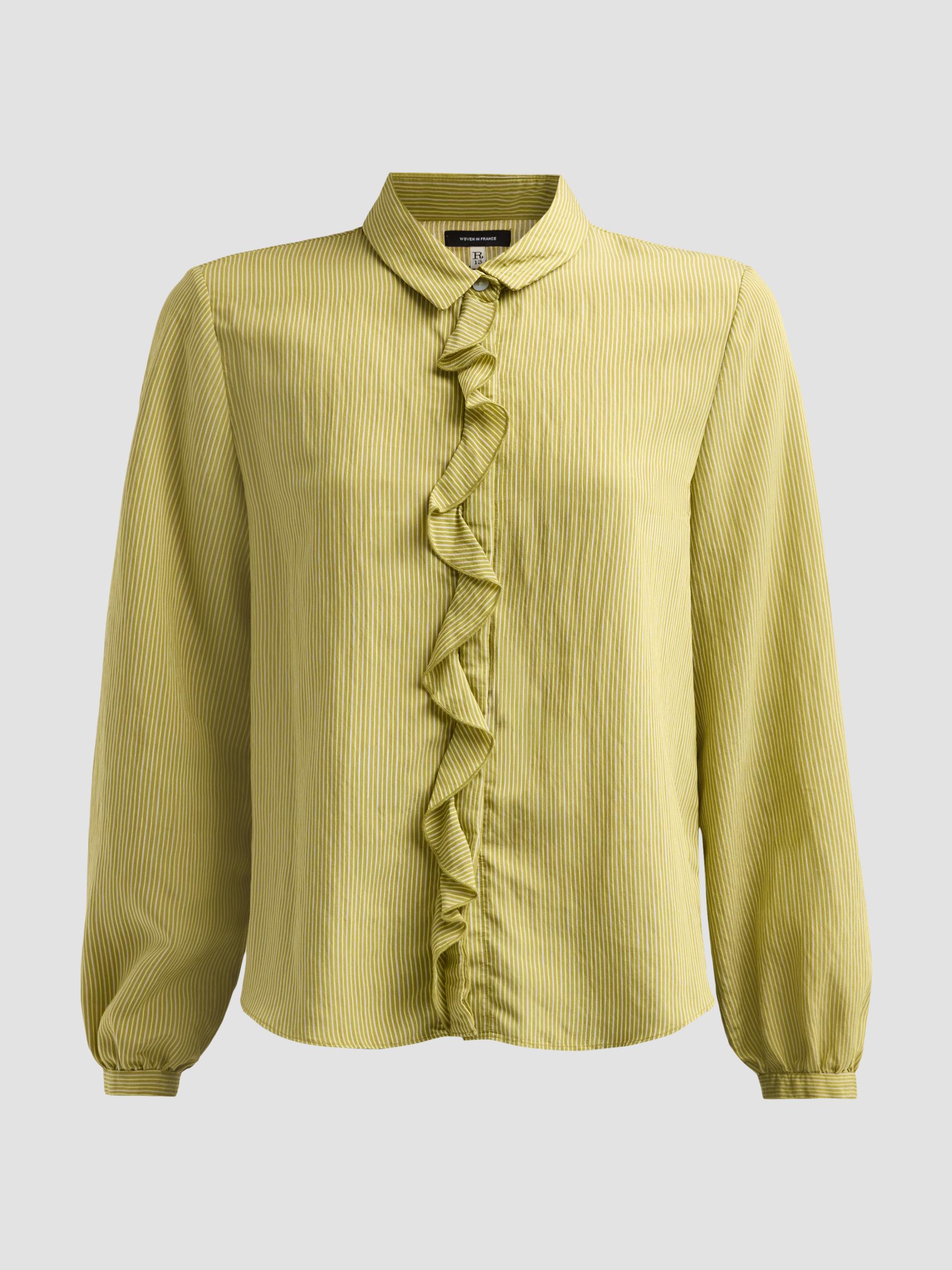 R13 Women's Pinstriped Ruffle Blouse - Green Stripe