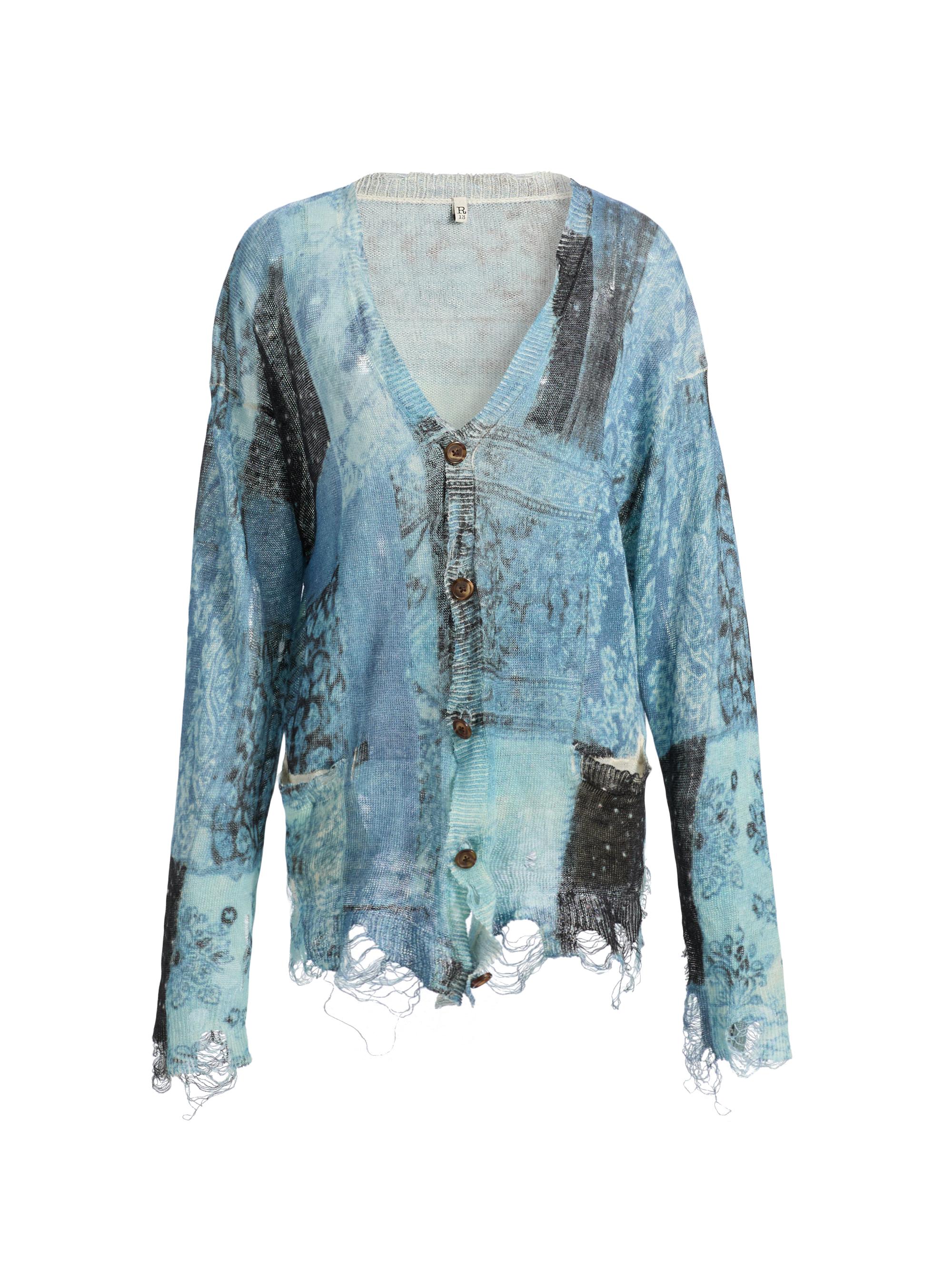 R13 Women's Printed Linen Boyfriend Cardigan - Blue Multi Bandana