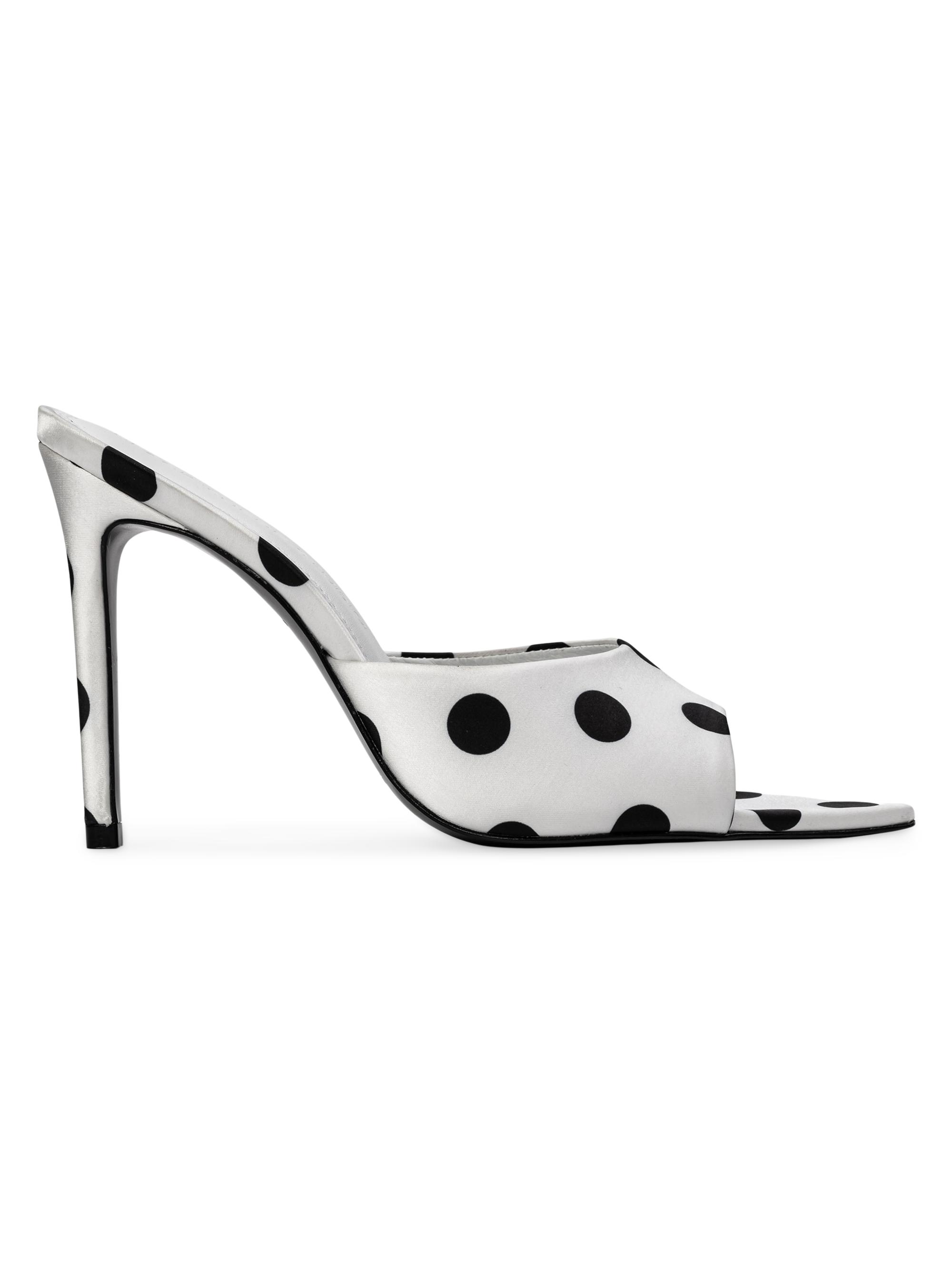 Black Suede Studio Women's Bella 100MM Polka Dot Mule Heels - White Polka Dot Satin