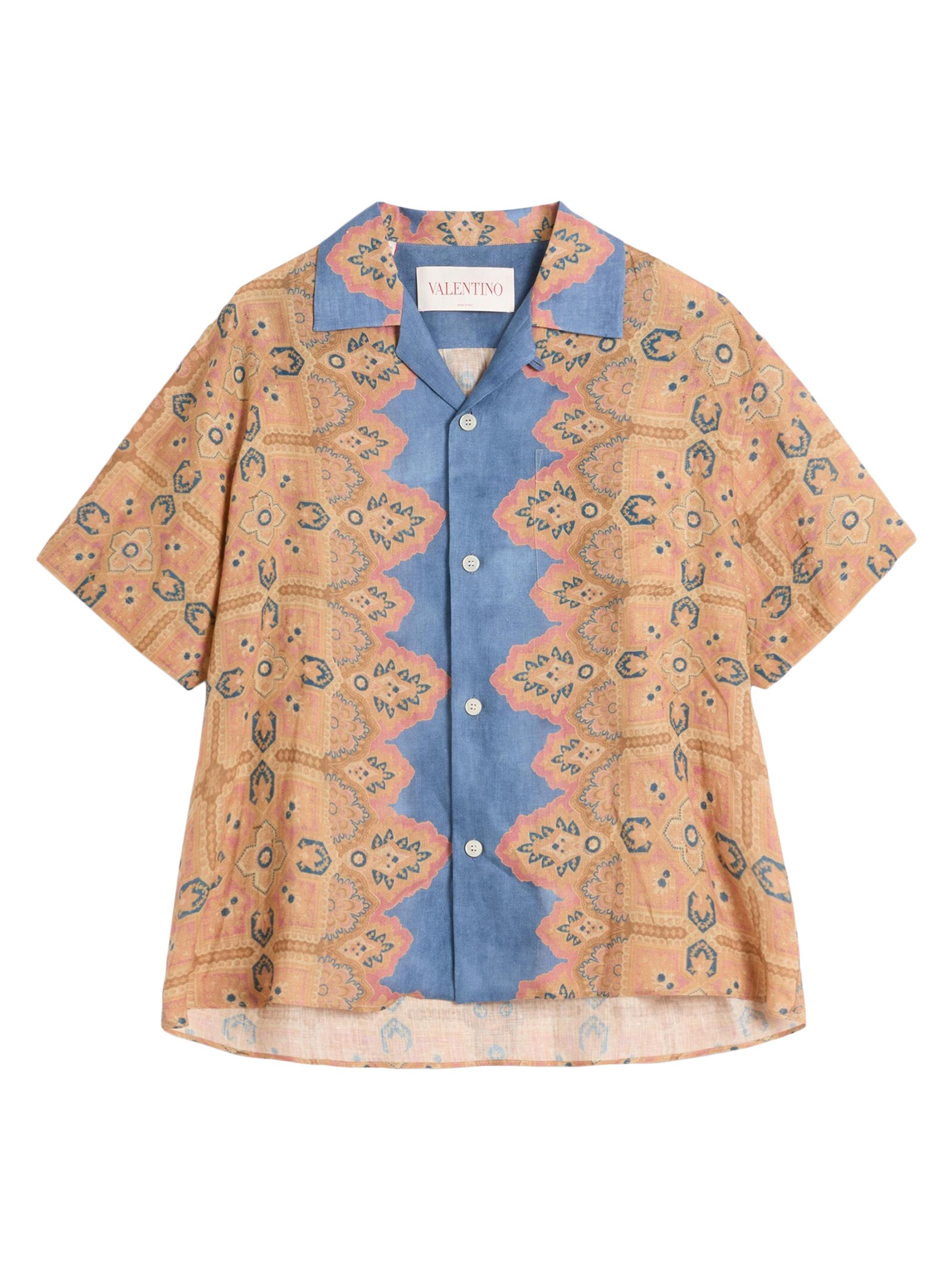 Valentino Garavani Men's Linen Bowling Shirt with Voyage Imaginaire Print - Multicolored