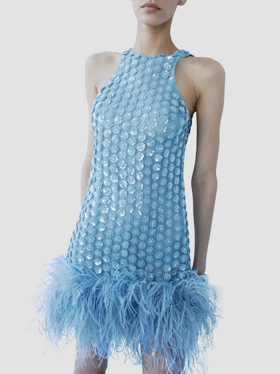 The New Arrivals Ilkyaz Ozel Bixi Sequined Feather-Trim Minidress