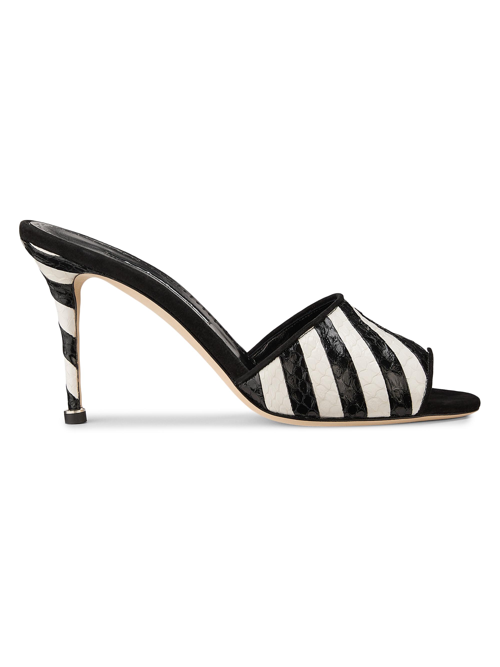 Manolo Blahnik Women's Larache 90MM Striped Snakeskin Stiletto Mules - Black And White