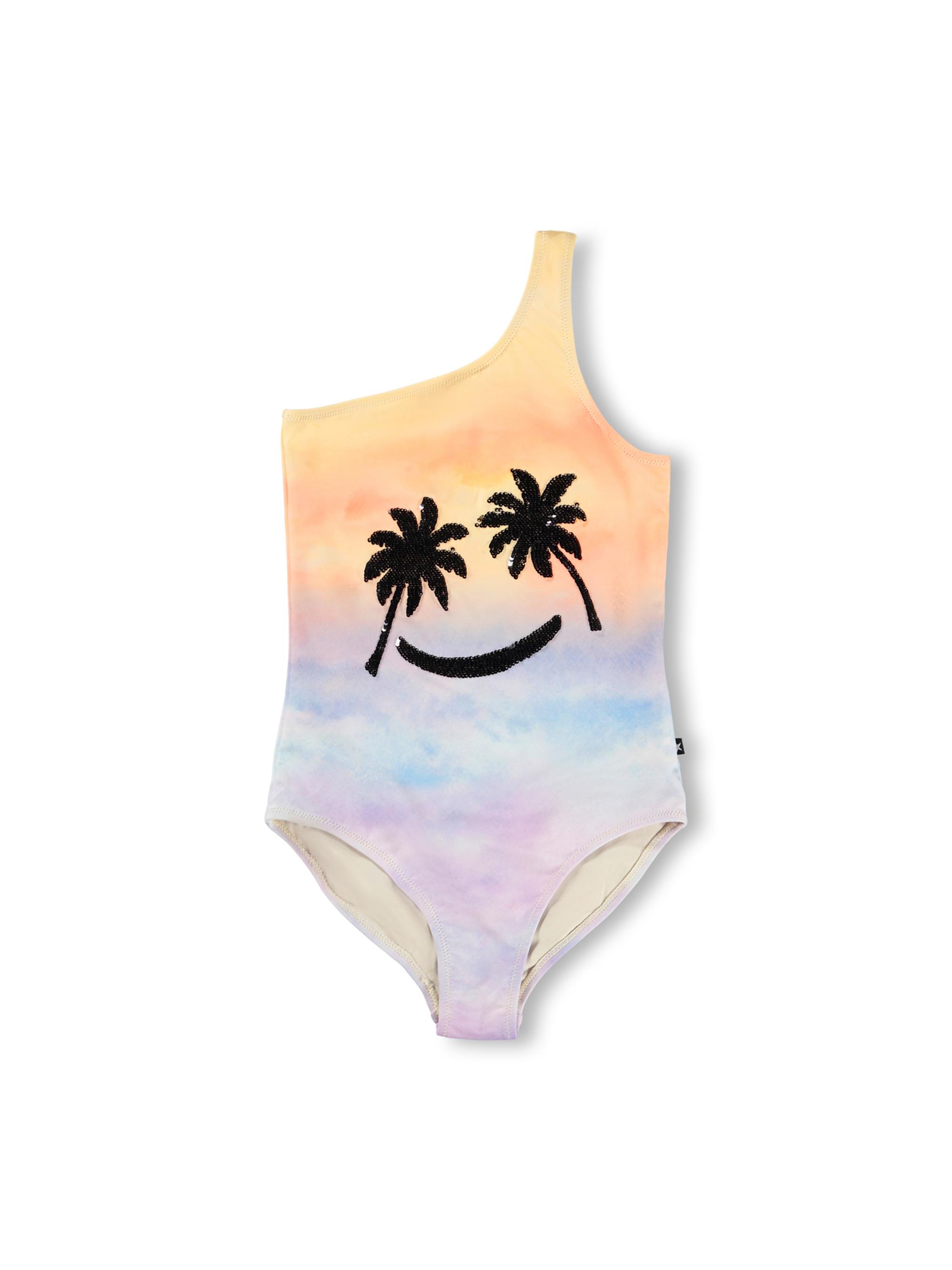 Molo Little Girl's & Girl's Sunet Sequined Palm One-Shoulder Swimsuit - Sunset Smile
