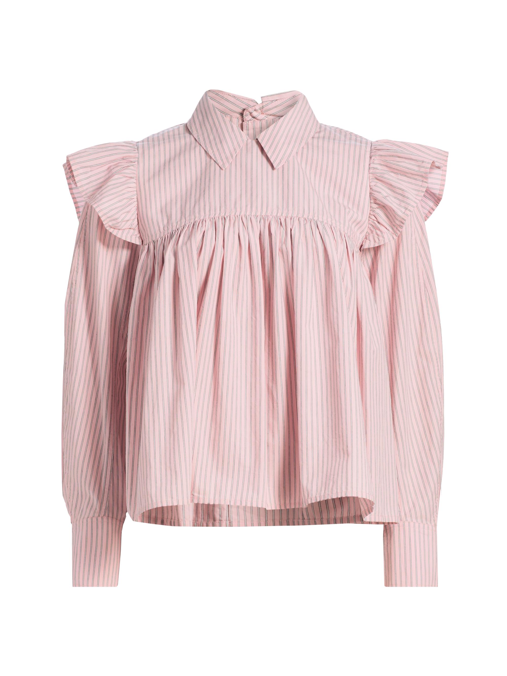 Ganni Women's Oxford Striped Frill Blouse - Chalk Pink