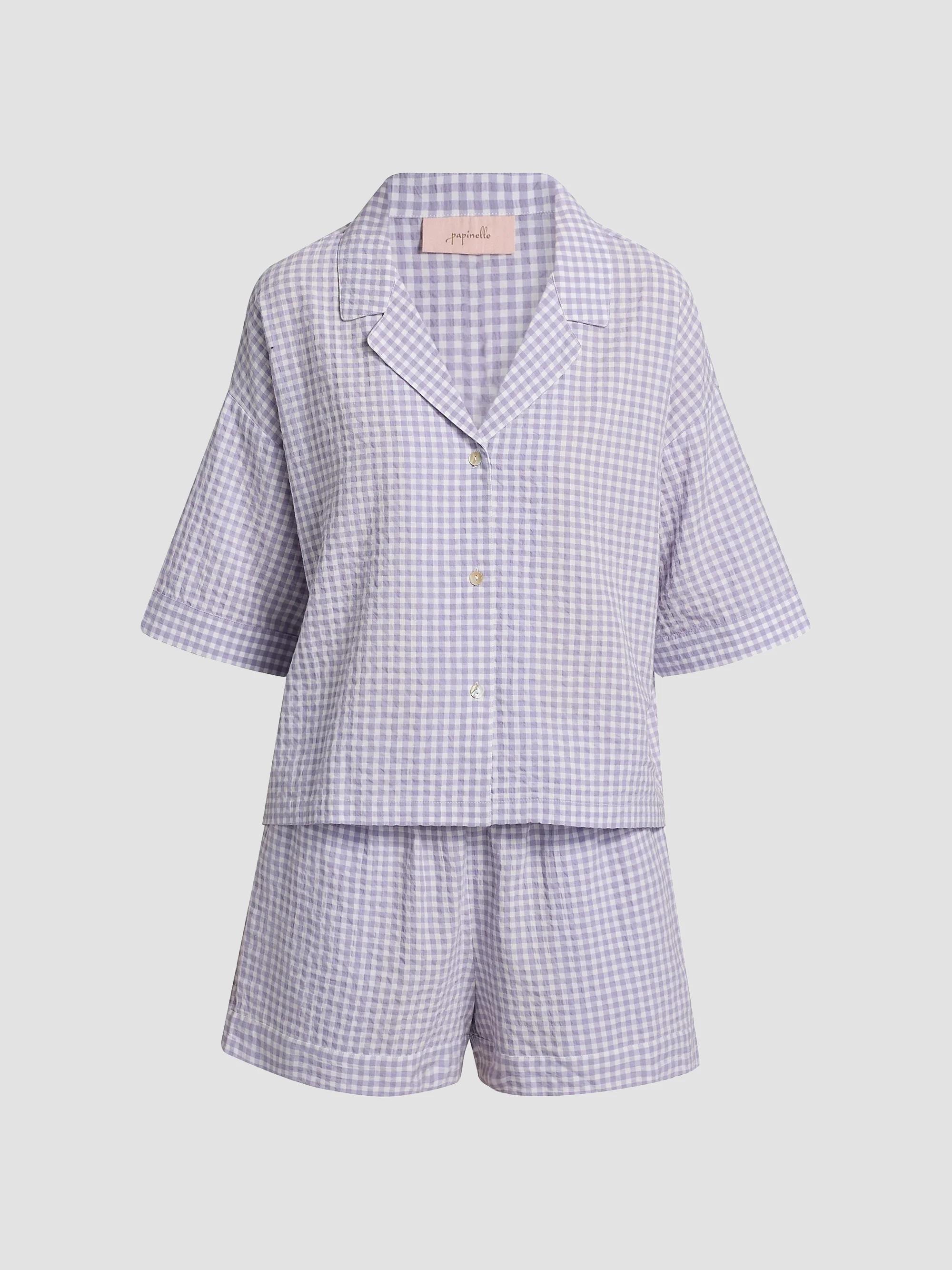 Papinelle Women's Seersucker Gingham Boxer Pajamas - Soft Lavender - Size Large