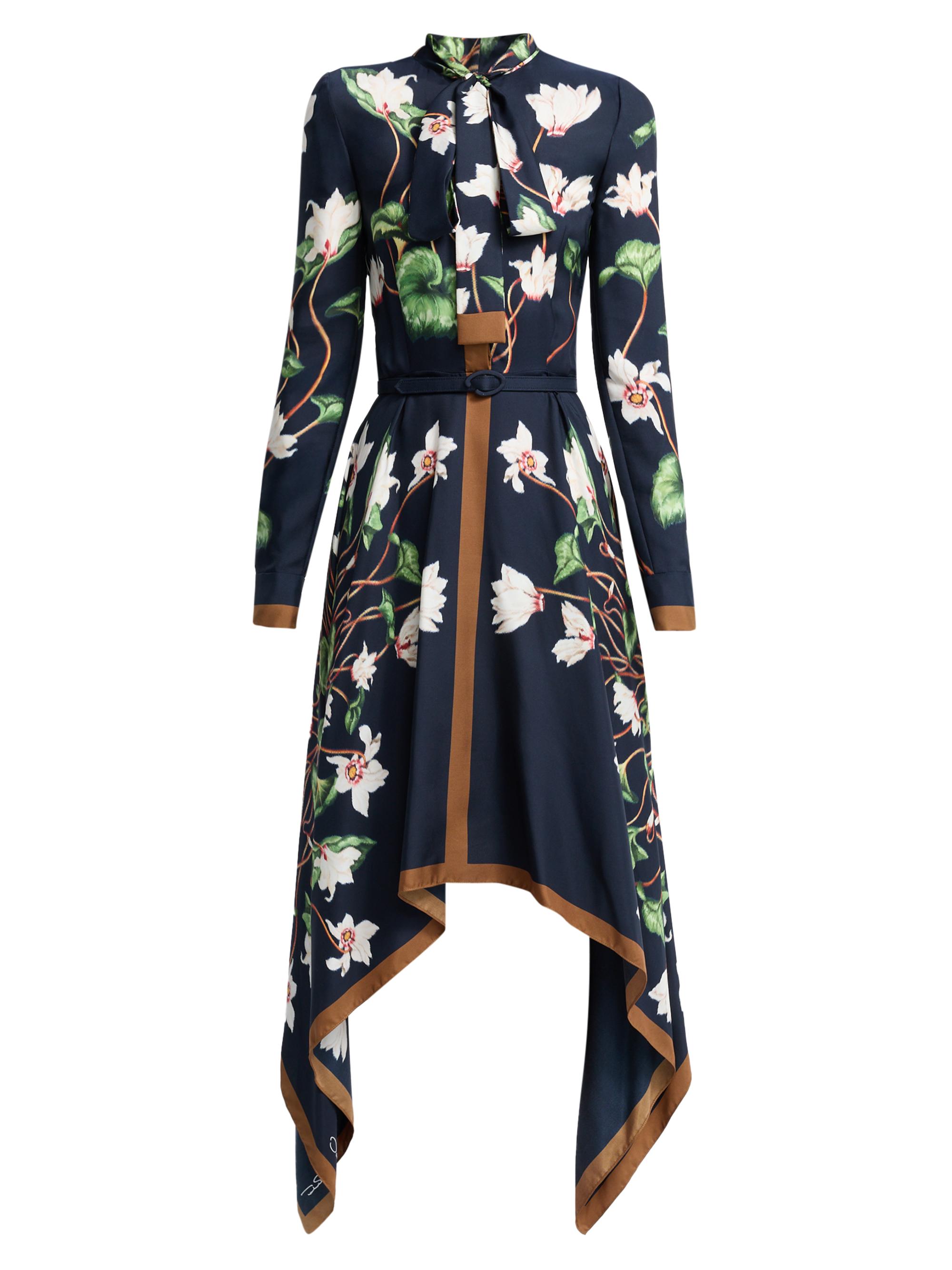 Oscar de la Renta Women's Chine Cyclamen Silk Asymmetric Day Midi-Dress - Navy Multi