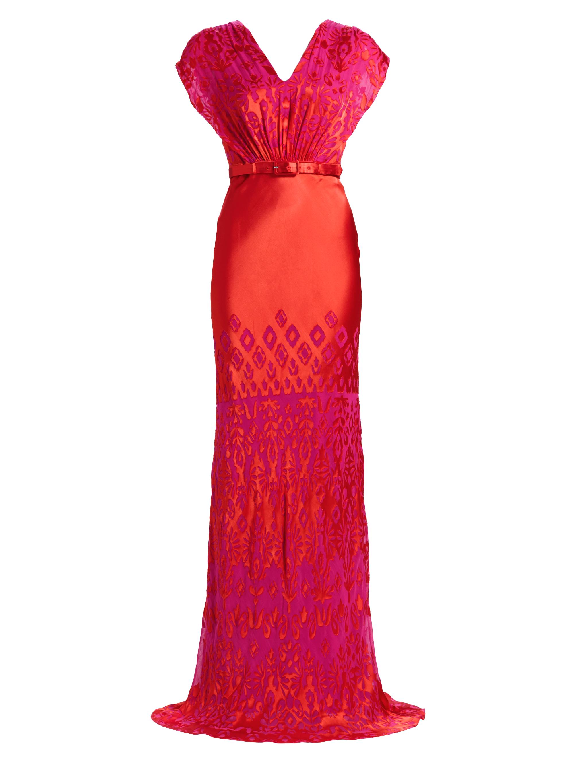 Saloni Women's Apsara Satin Devore Belted Gown - Magenta Rouge Plmt