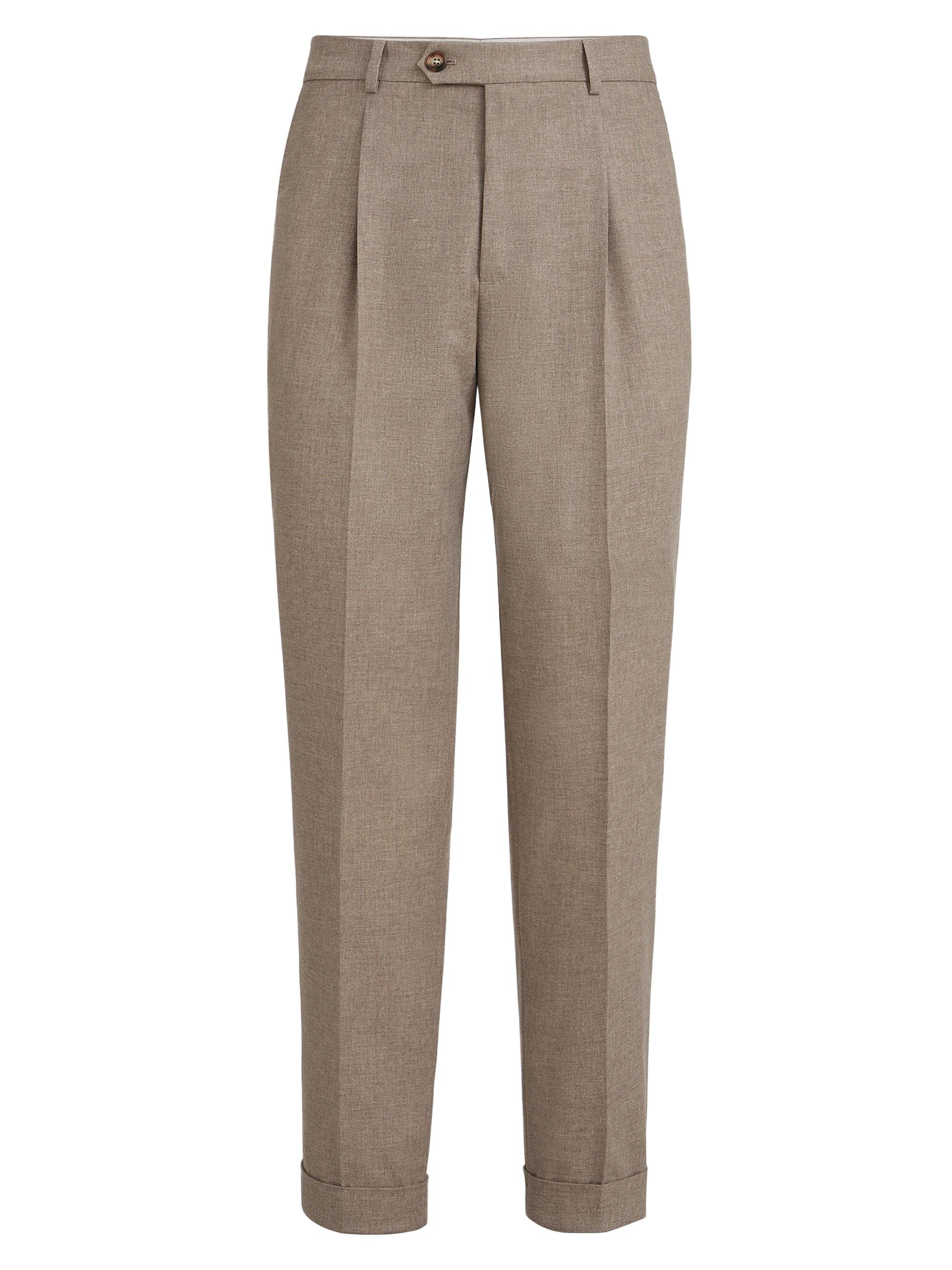 Brunello Cucinelli Men's Virgin Wool, Cotton and Silk Mouliné Trousers with Pleats - Light Brown