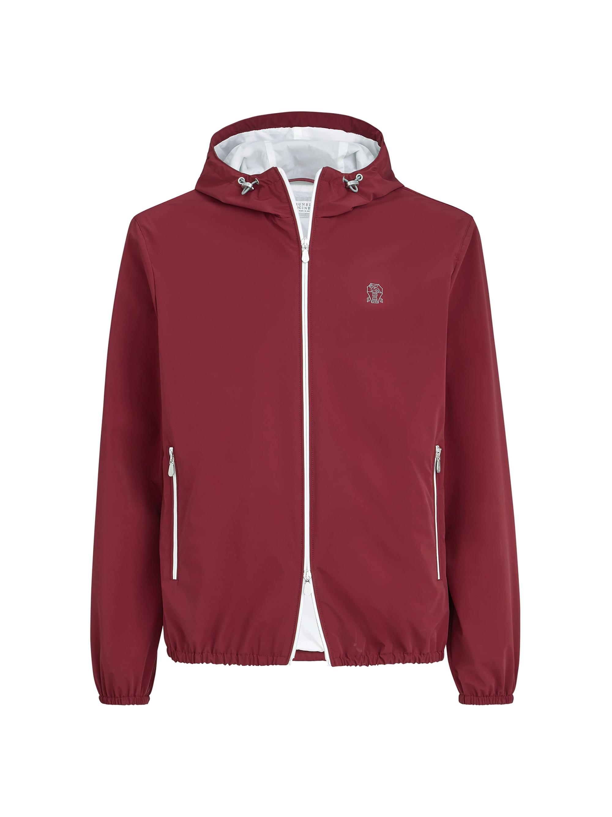 Brunello Cucinelli Men's Bonded Nylon Hooded Outerwear Jacket with Logo - Cherry
