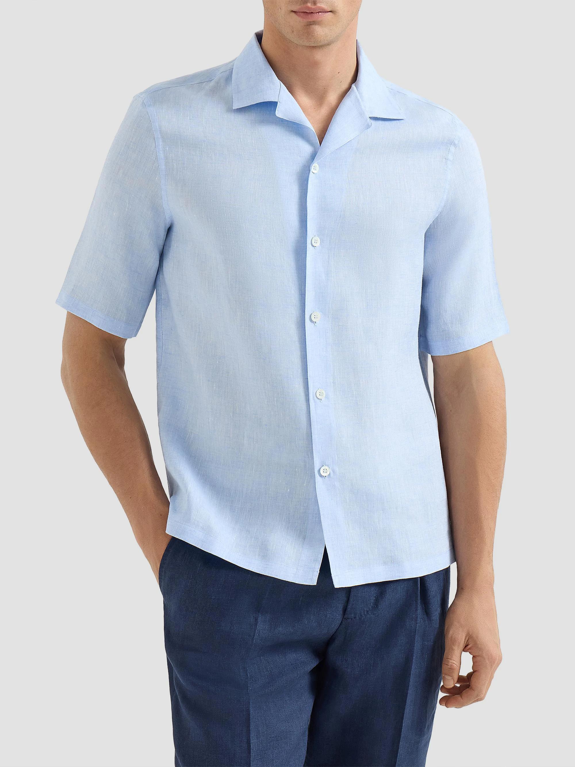 Brunello Cucinelli Linen Easy Fit Short Sleeve Shirt with Camp