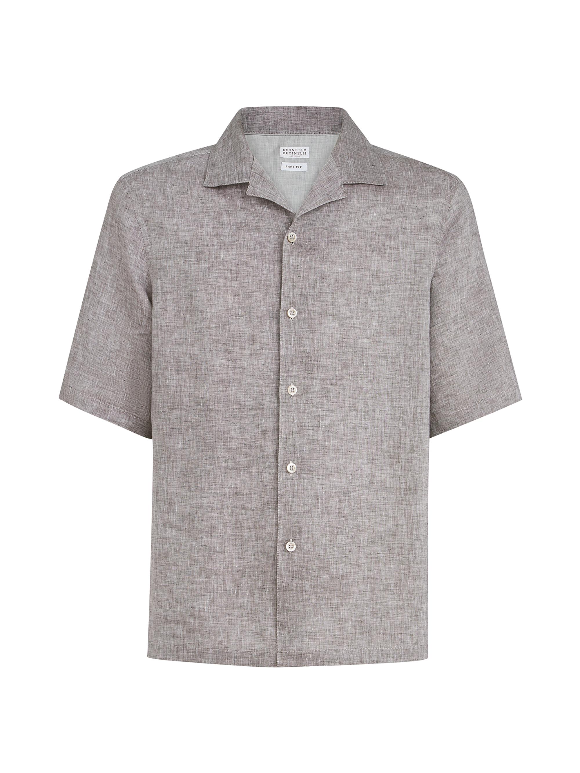 Brunello Cucinelli Men's Linen Easy Fit Short Sleeve Shirt with Camp Collar - Grey