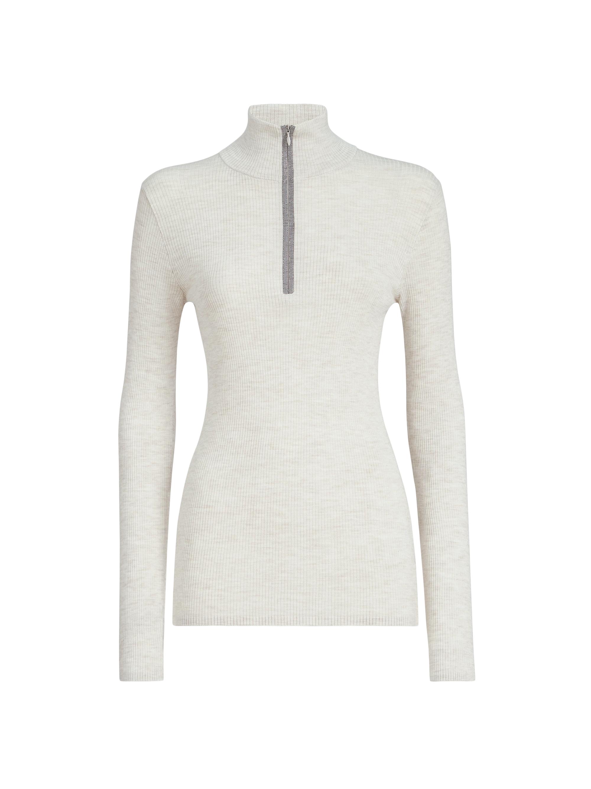Brunello Cucinelli Women's Virgin Wool and Cashmere Rib Lightweight Turtleneck Sweater with Precious Half Zip - Pearl