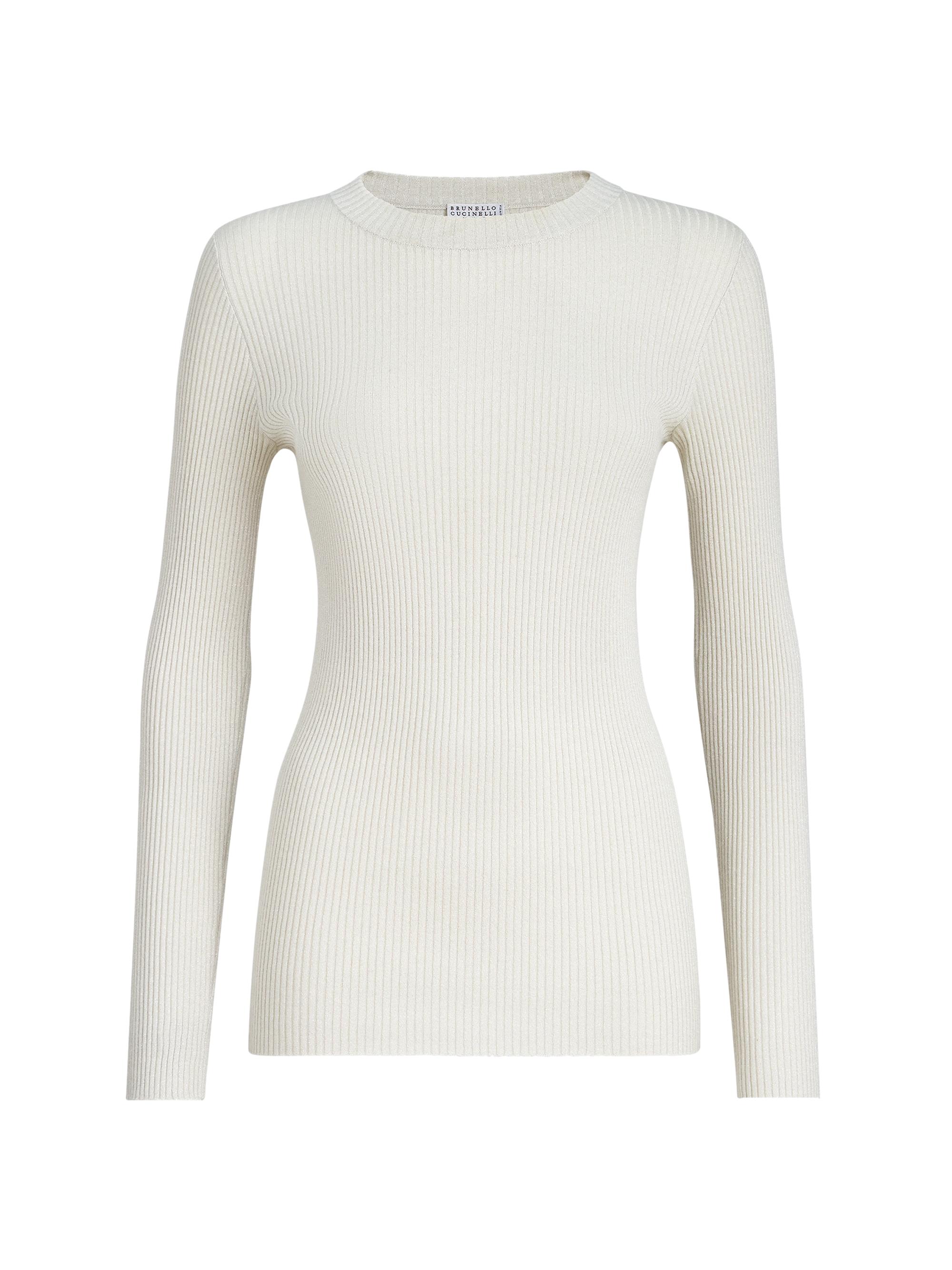 Brunello Cucinelli Women's Sparkling Cashmere and Silk Rib Knit Lightweight Sweater - White
