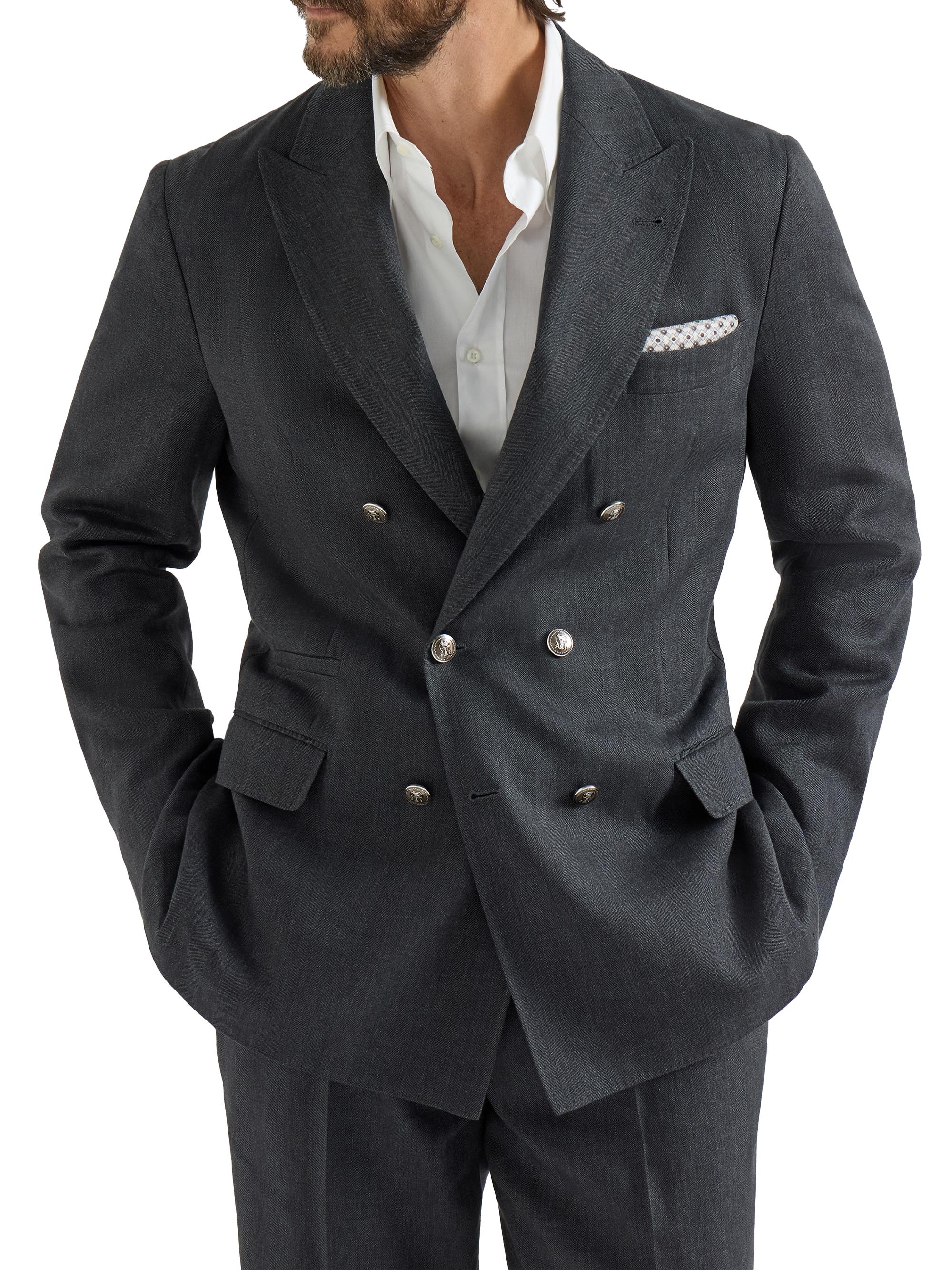 Brunello Cucinelli Men's Chevron One and a Half Breasted Deconstructed Blazer with Metal Buttons - Anthracite