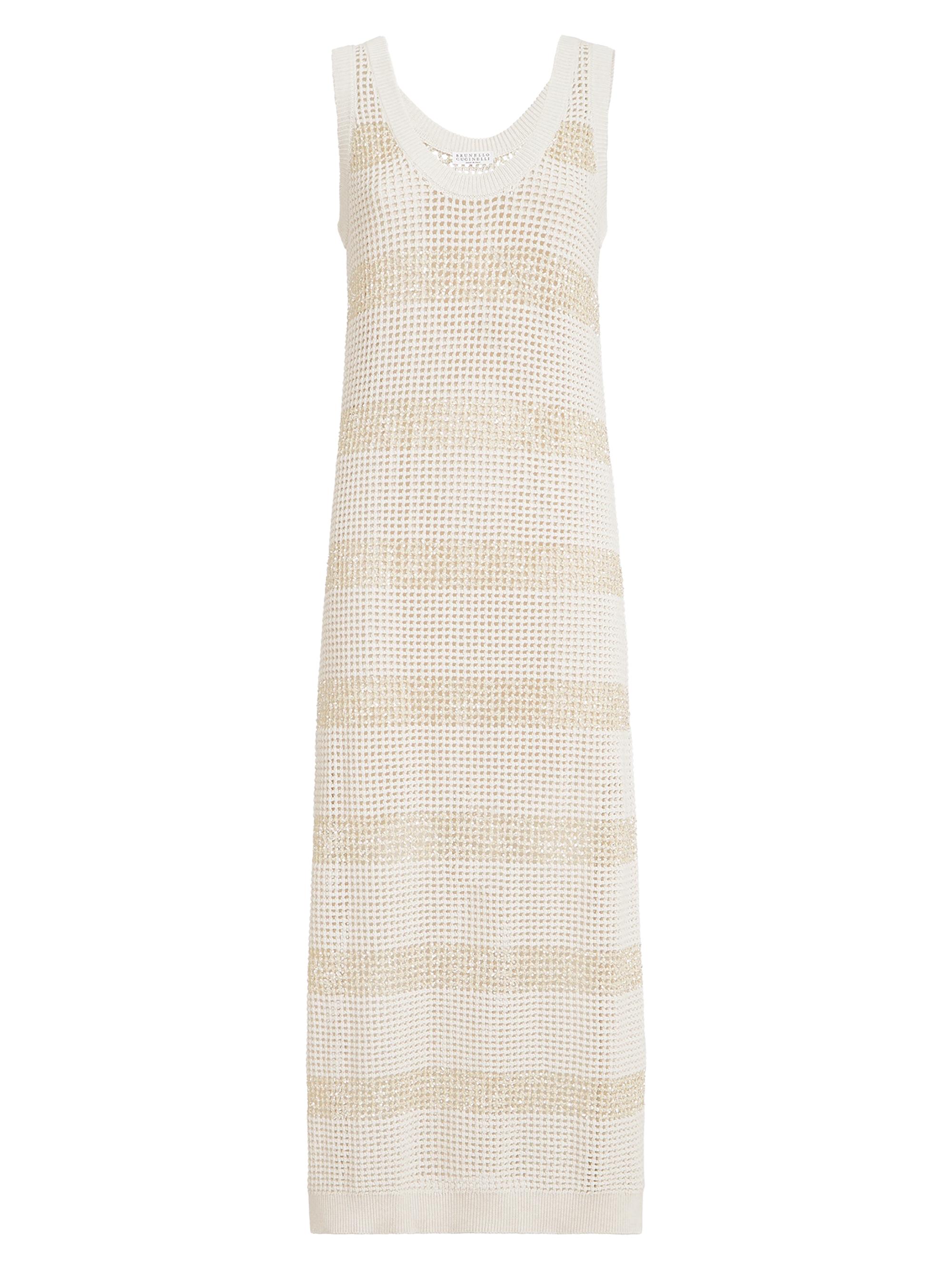 Brunello Cucinelli Women's Cotton Net Knit Dress with Dazzling Stripes - Oat
