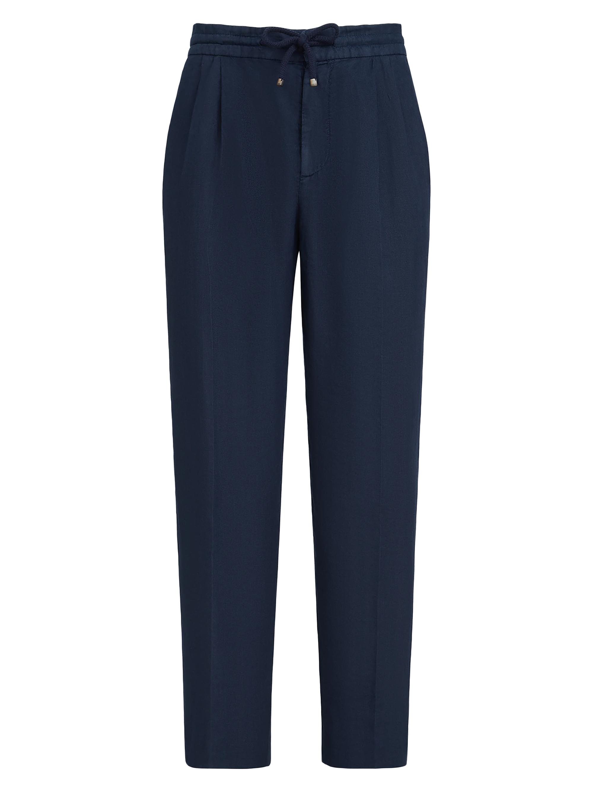 Brunello Cucinelli Men's Trousers in Linen Gabardine with Drawstring and Double Pleats - Blue